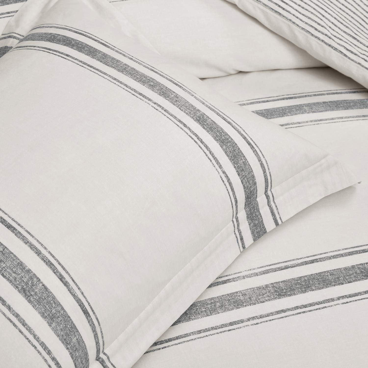 Gray Cotton Full/Queen Farmhouse Stripe Reversible Duvet Cover Set