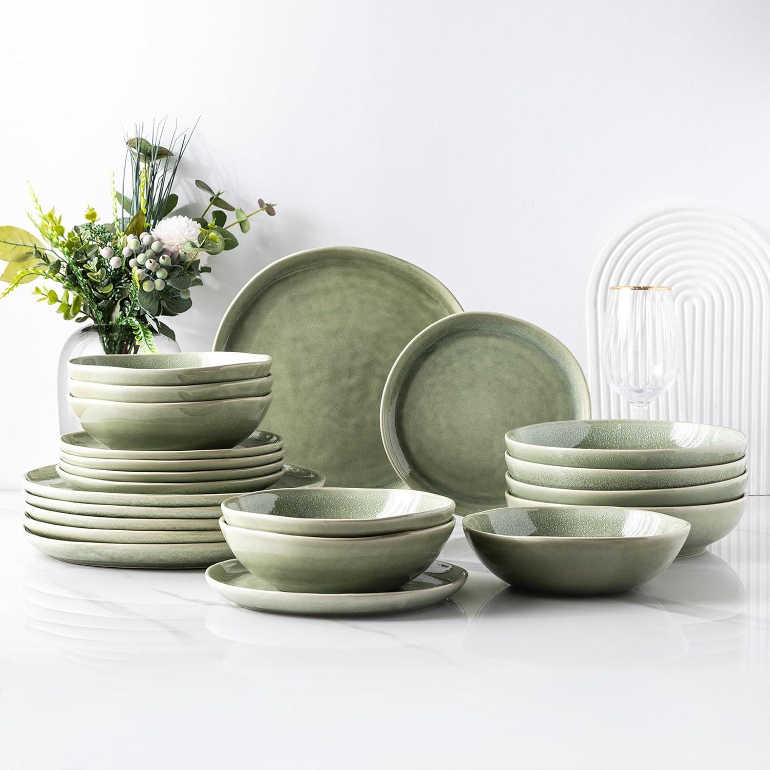 Olive Green and White Ceramic Dinnerware Set for 4