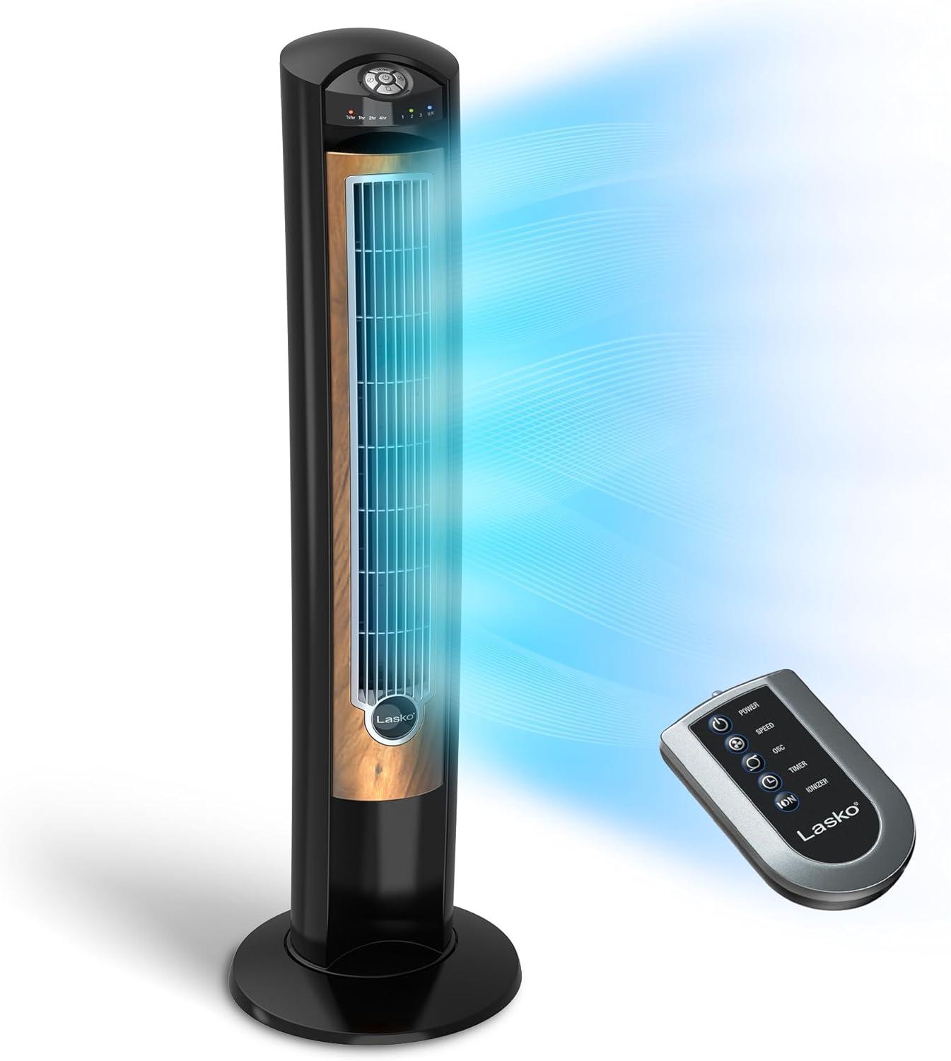 Lasko 42" Wind Curve 3-Speed Tower Fan with Ionizer and Remote, Black/Woodgrain, T42950, New