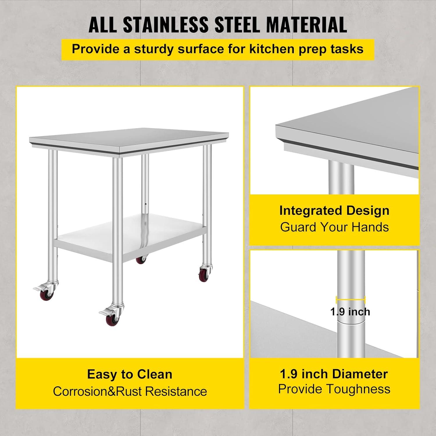 36x24 Inch Stainless Steel Work Table with Wheels