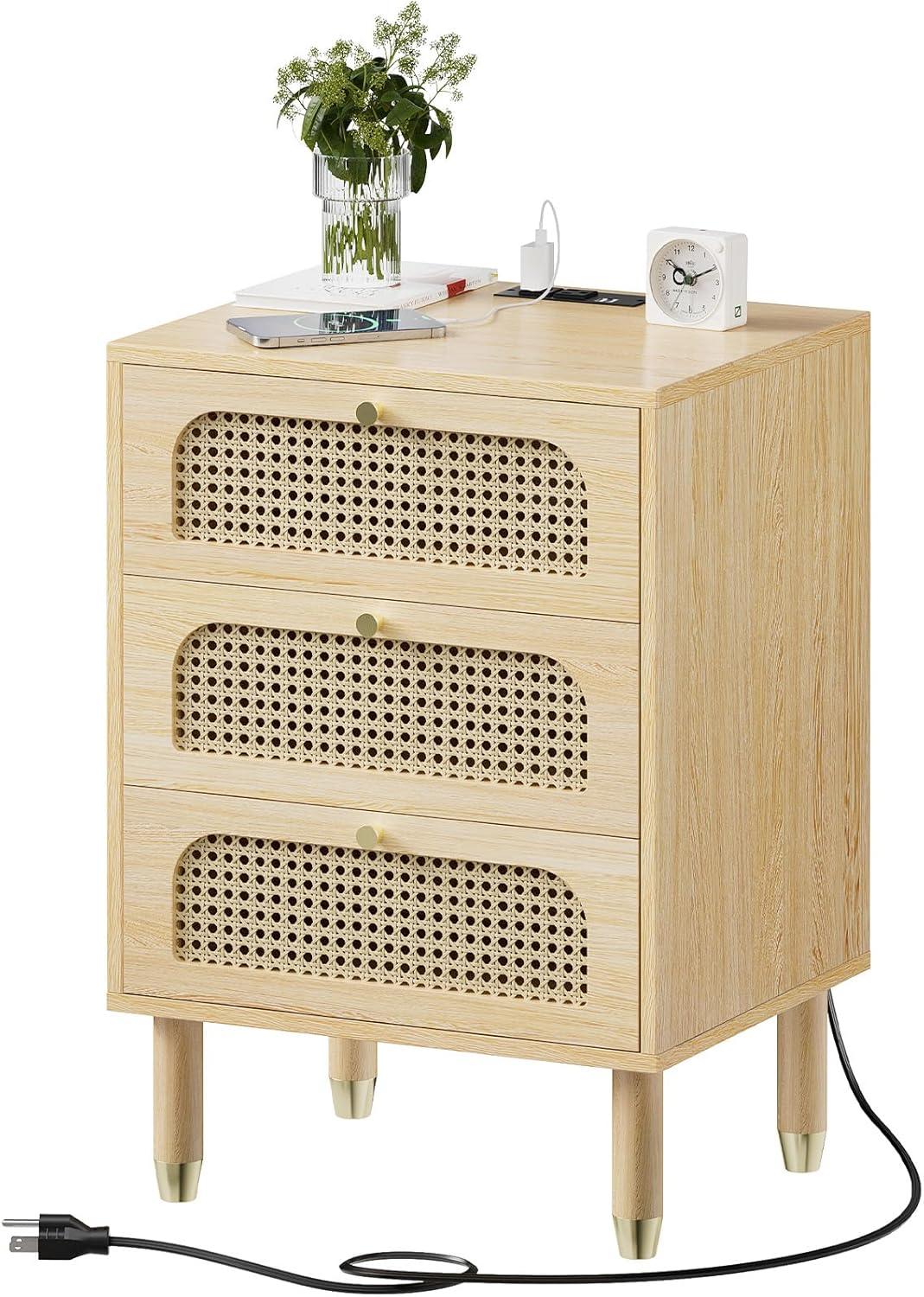 Rattan Nightstand with 3 Drawers Black