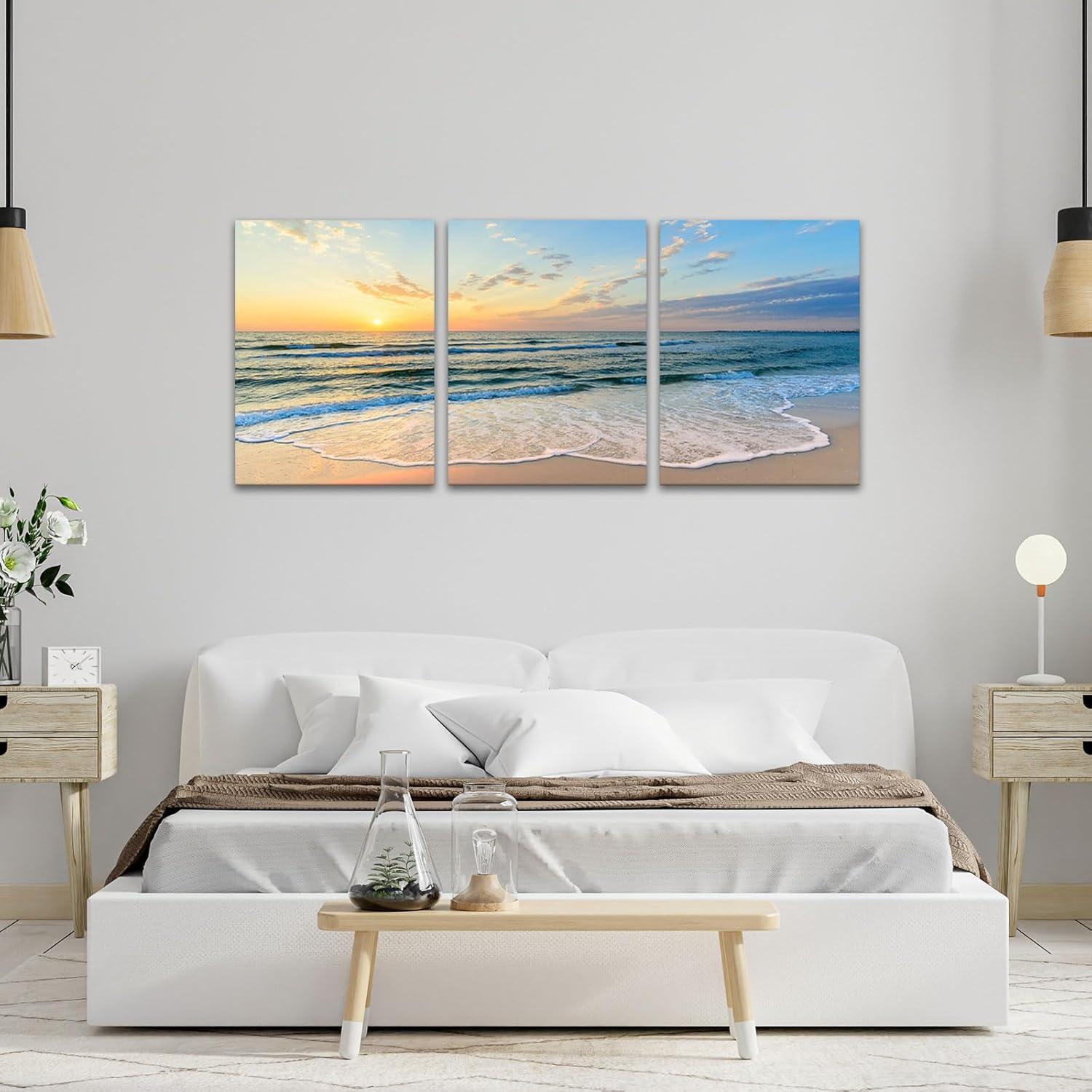 Asdg12s-3 Panel Wall Art Blue Sea Sunset White Beach Painting The Picture Print On Canvas Seascape The Pictures for Home Decor Decoration,Ready to Hang