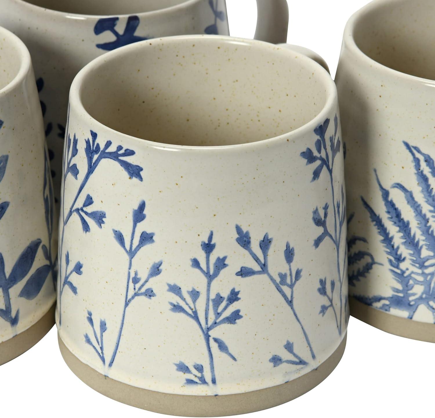 Hand Stamped Blue Botanical Ceramic Mugs Set of 4