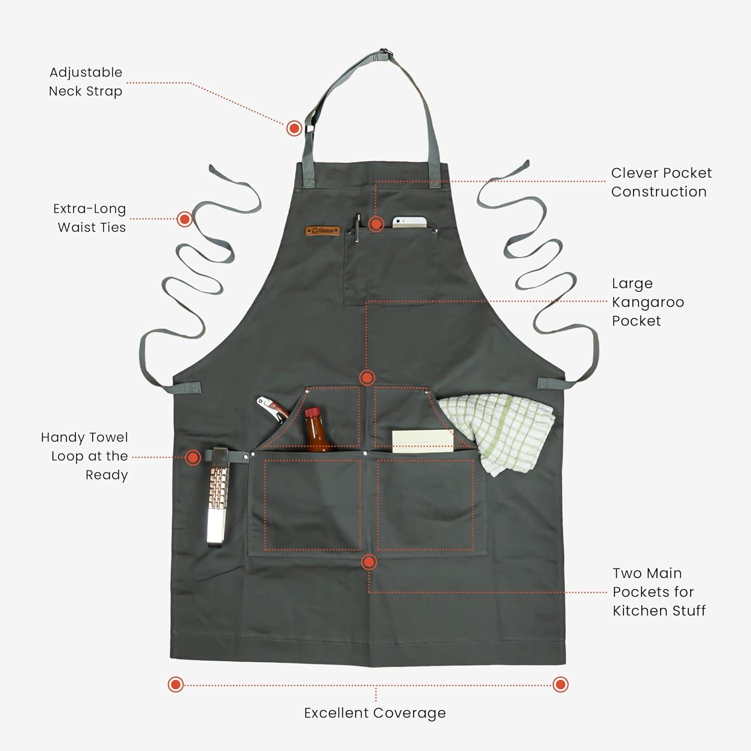 Gray Cotton Chef Apron with Adjustable Neck Strap and Pockets