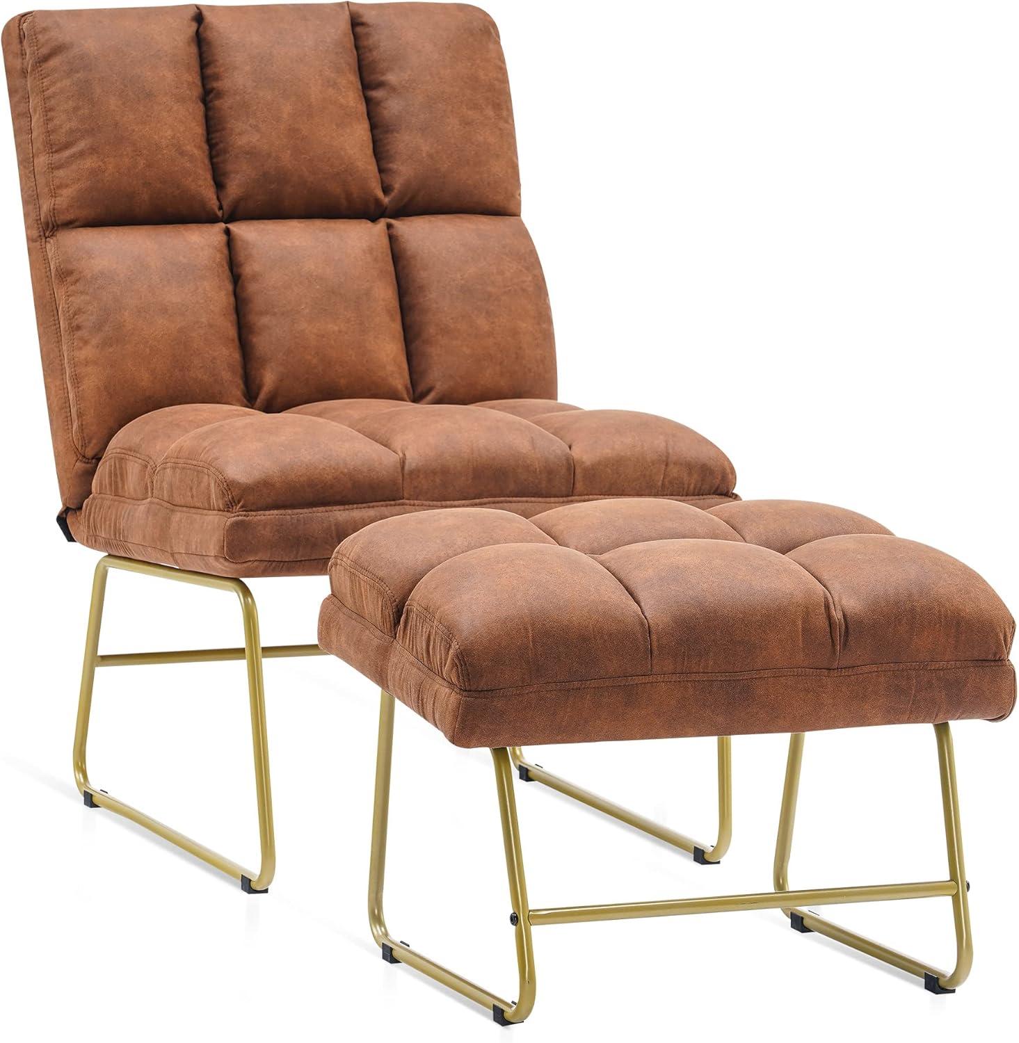 Saddle Faux Leather Accent Chair with Ottoman and Metal Legs