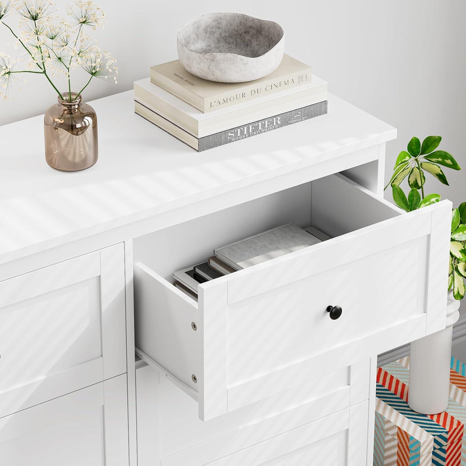 Homfa 6 Drawer Double Dresser White, Wood Storage Cabinet for Living Room, Chest of Drawers for Bedroom