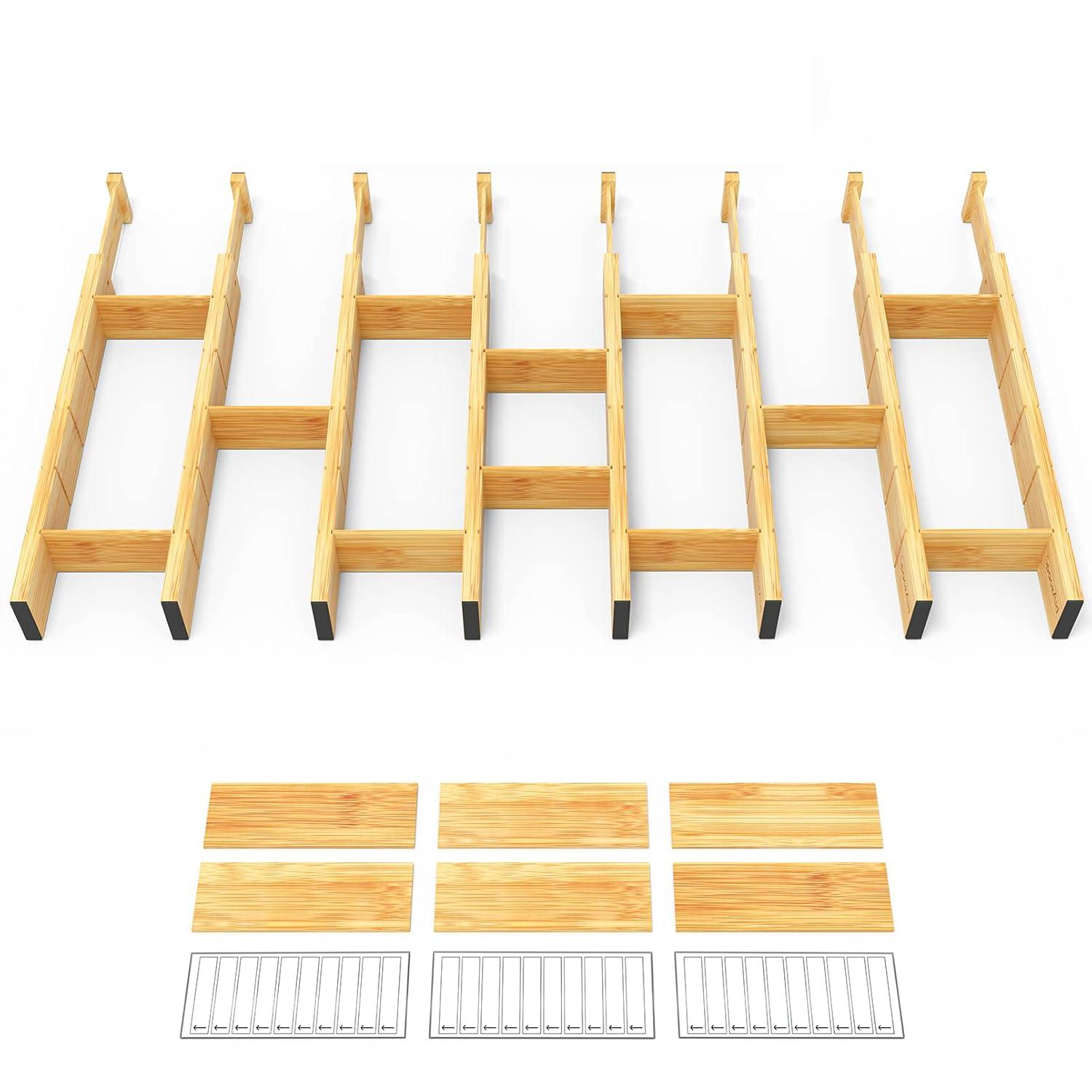 SpaceAid Bamboo Drawer Dividers with Inserts and Labels – Adjustable Kitchen Drawer Organizers, Expandable Storage for Home, Office, Dressers, and Bathroom, 8 Dividers with 18 Inserts (17-22 inches)