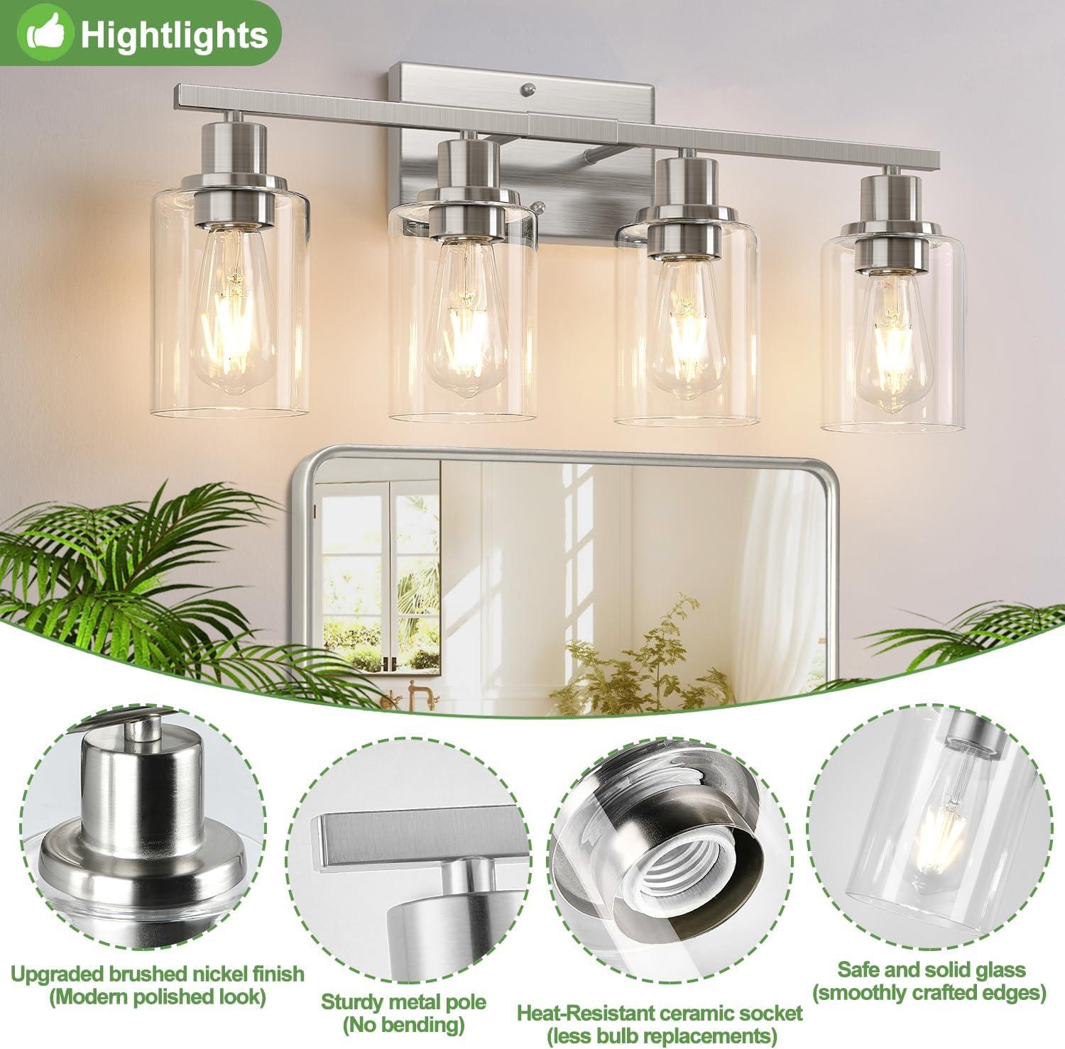 Brushed Nickel 4-Light Bathroom Vanity Fixture with Clear Glass Shades