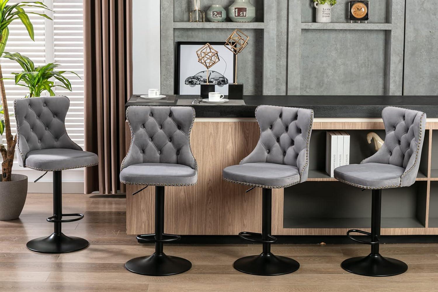 Gray Velvet Adjustable Swivel Bar Stools with Nailhead Trim