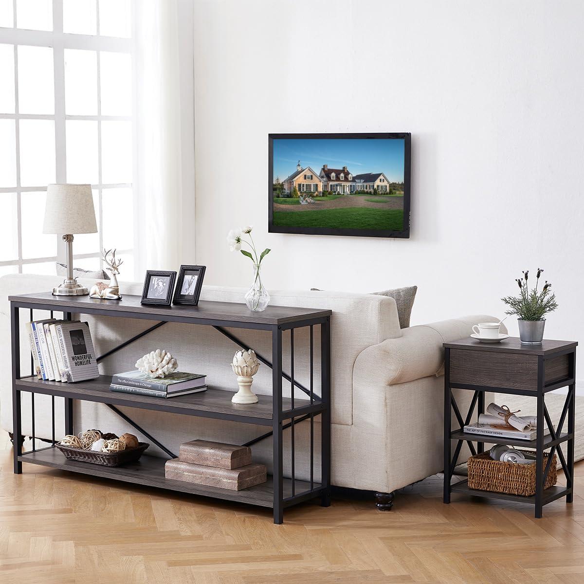 Dark Gray Oak and Metal 3-Tier Console Table with Storage