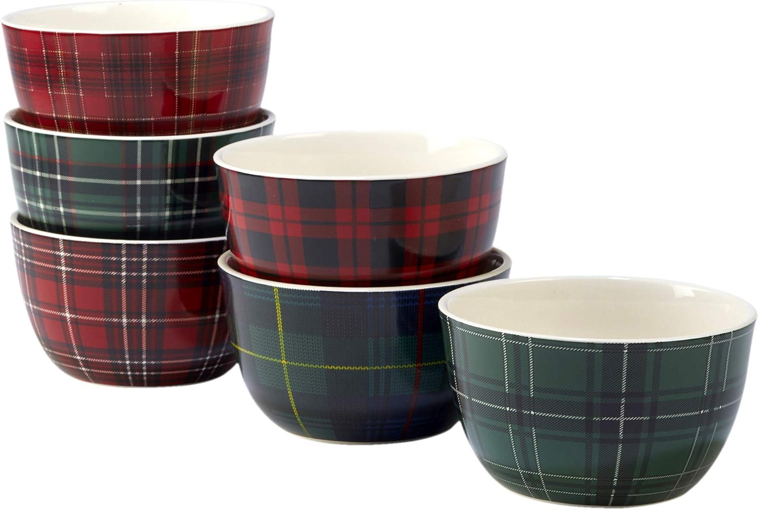 Christmas Plaid Ceramic 6-Piece Multicolor Dessert Bowl Set