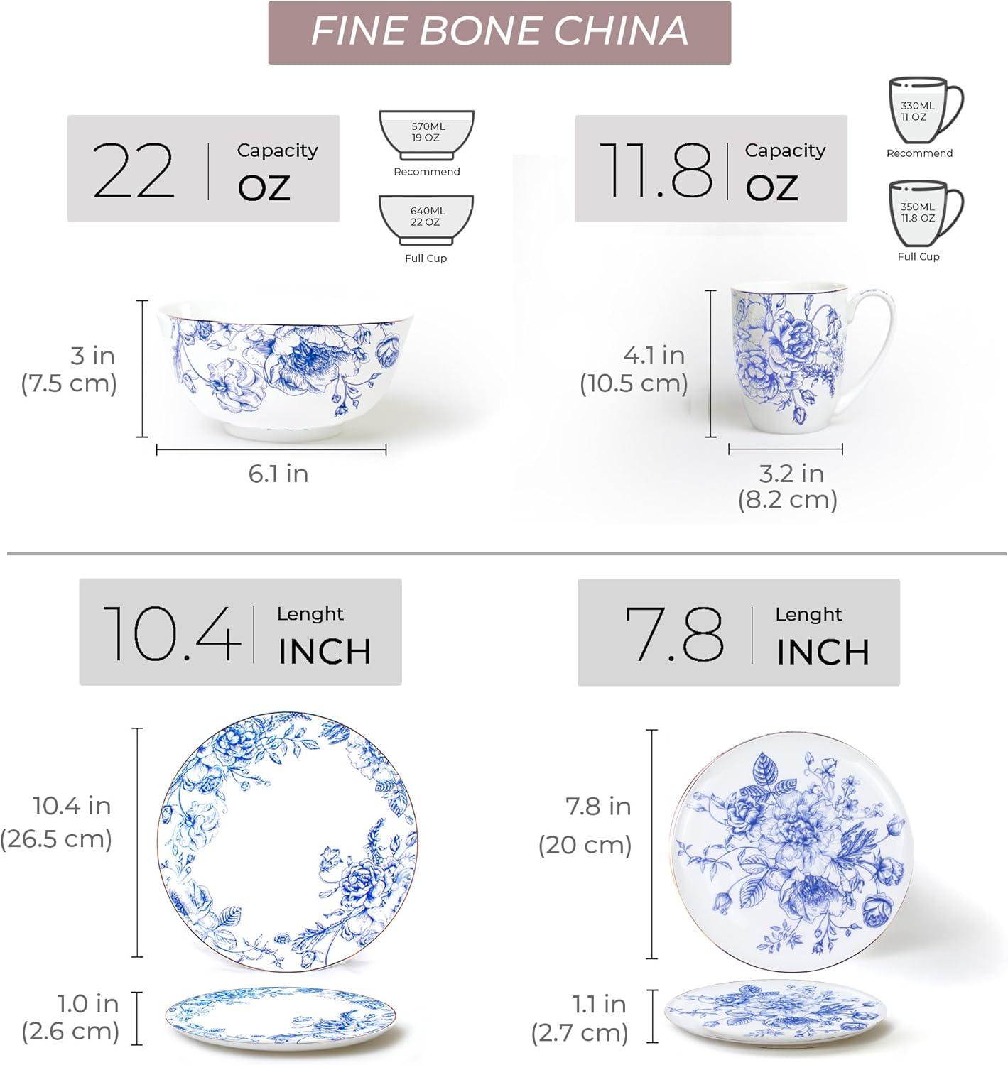 KOKEN - 16 Piece Dinnerware Sets – Blue china dinnerware set - Plates and Bowls Sets Dishes Set for 4 – Dinnerware Sets Kitchen Plates, mugs, Bowls, plate set - microwave safe plates & bowls for home