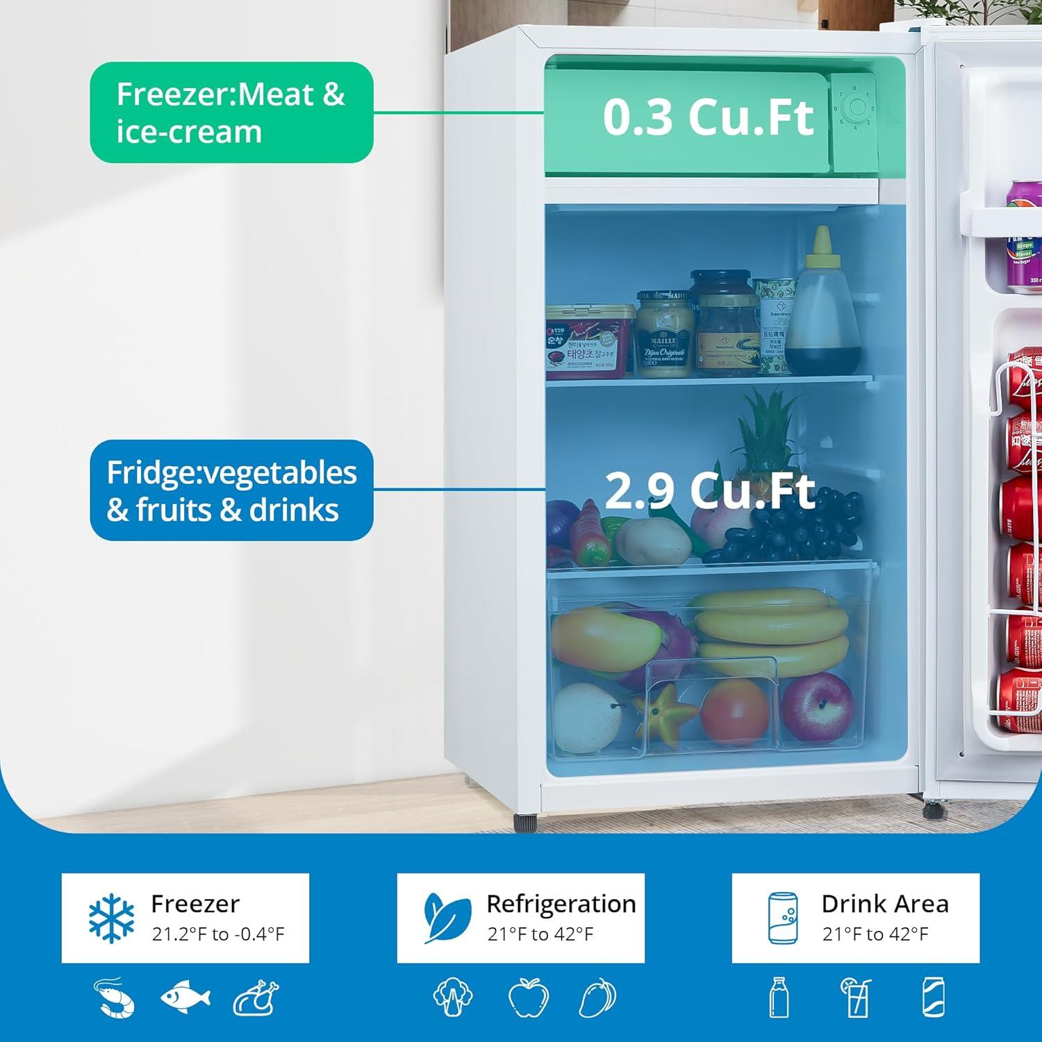 3.2 Cu. Ft Small Refrigerator with 7 Level Adjustable Thermostat, Mini Fridge with Freezer, Crisper Drawer & Removable Glass Shelves, Reversible Door, Fridge for Home Apartment Office, White