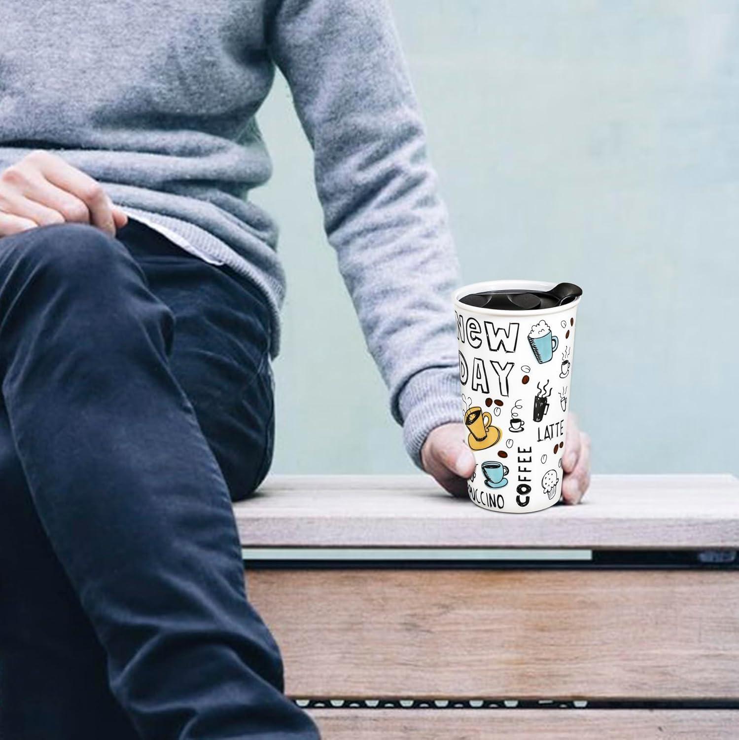 New Day Ceramic Travel Tumbler with Lid, 12 oz, White and Black