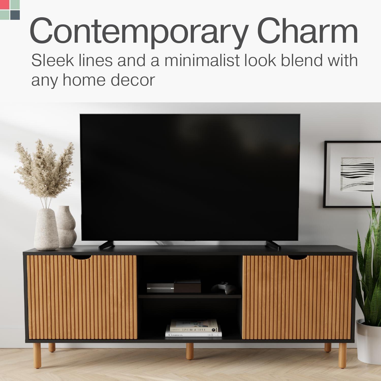 Contemporary Fluted TV Stand - Media Console - Fits 32 to 80" TVs (Black and Oak)