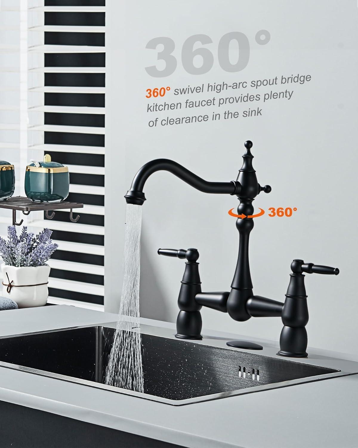 Double Handle Bridge Kitchen Faucet with Sink Hole Cover in Matte Black