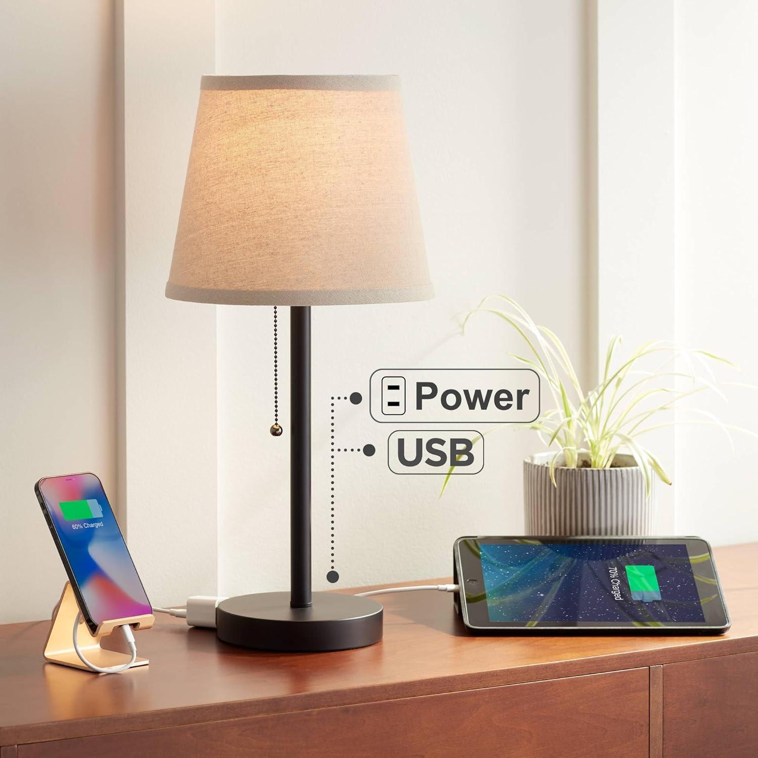 360 Lighting Modern Desk Table Lamp with Hotel Style USB and AC Power Outlet in Base 20" High Bronze Metal Oatmeal Drum Shade for Bedroom Office