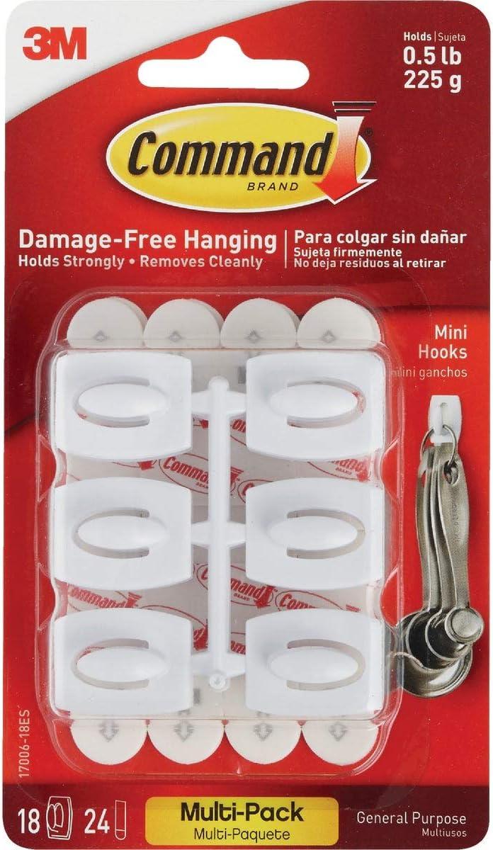 Command Mini Wall Hooks, White, Damage Free Decorating, 18 Hooks and 24 Command Strips