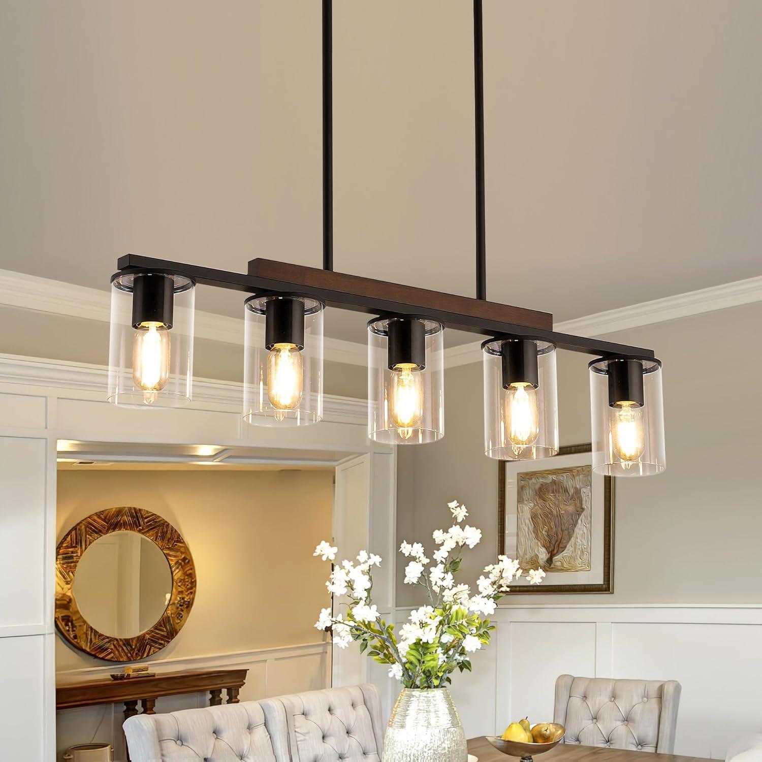 Black and Wood 5-Light Linear Island Chandelier