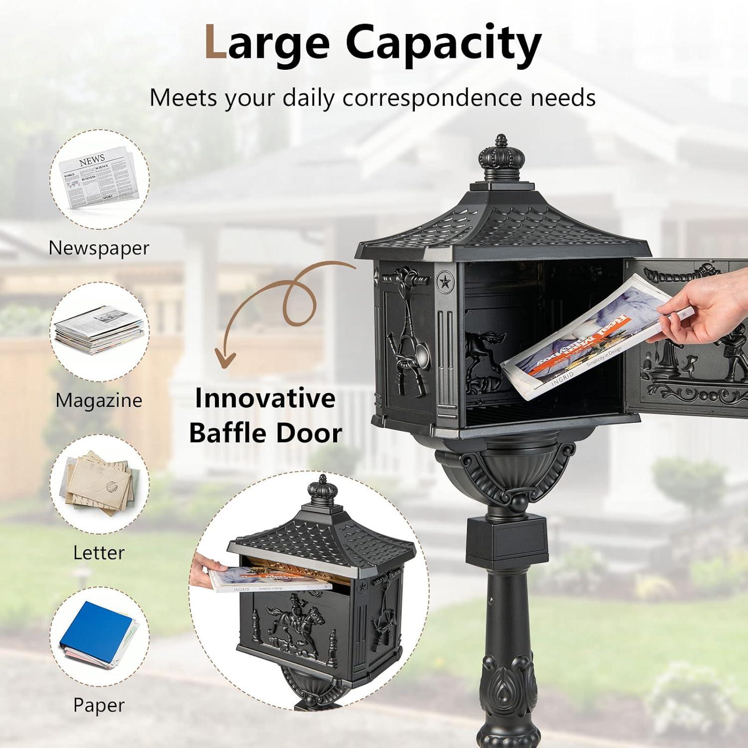 Black Cast Aluminum Lockable Retro Mailbox with Post