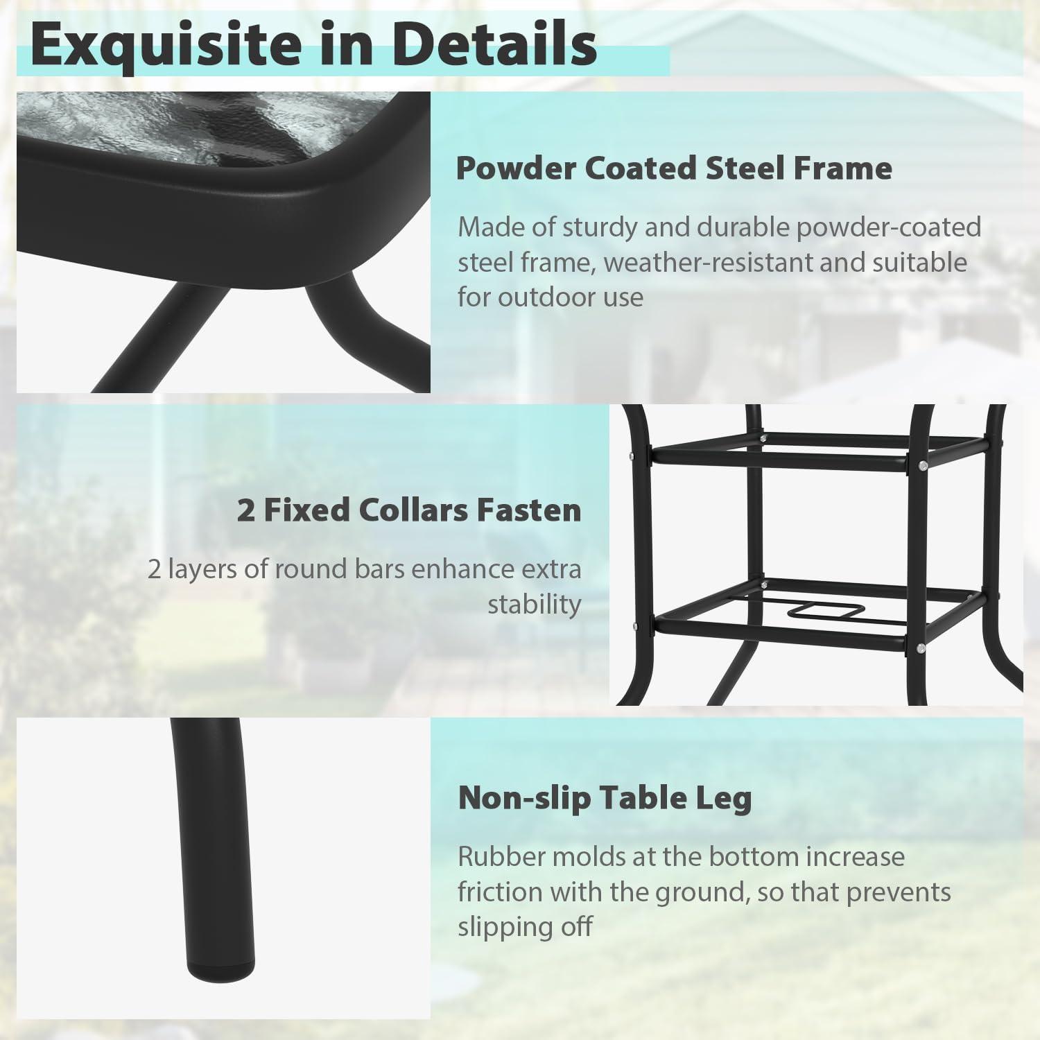 Square Outdoor Table, Patio Table with Umbrella Hole, Patio Dining Table with Tempered Glass, Outdoor Dining Tables, Square Patio Table for Balcony, Backyard, Poolside, Sunroom, Patio Tables, Black