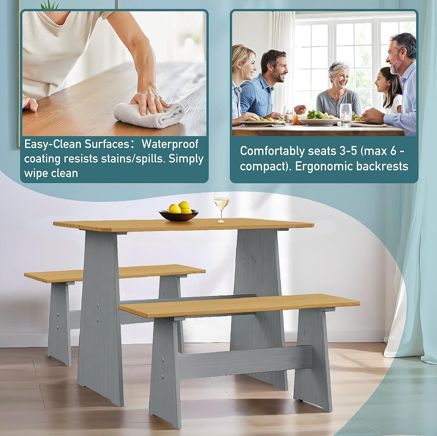 Urban Home Furniture Chapman 3 Piece Casual Dining 2-Tone Natural/Grey Solid Pine Wood Kitchen Table Set with 2 Benches, Kitchen Dining Set