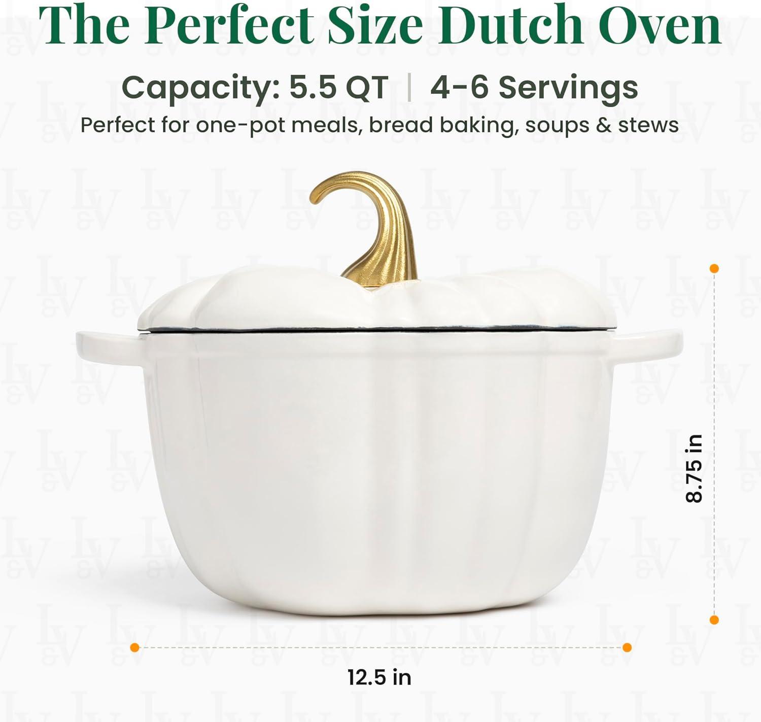 White Enameled Cast Iron Pumpkin Dutch Oven with Lid, 5.5 Qt