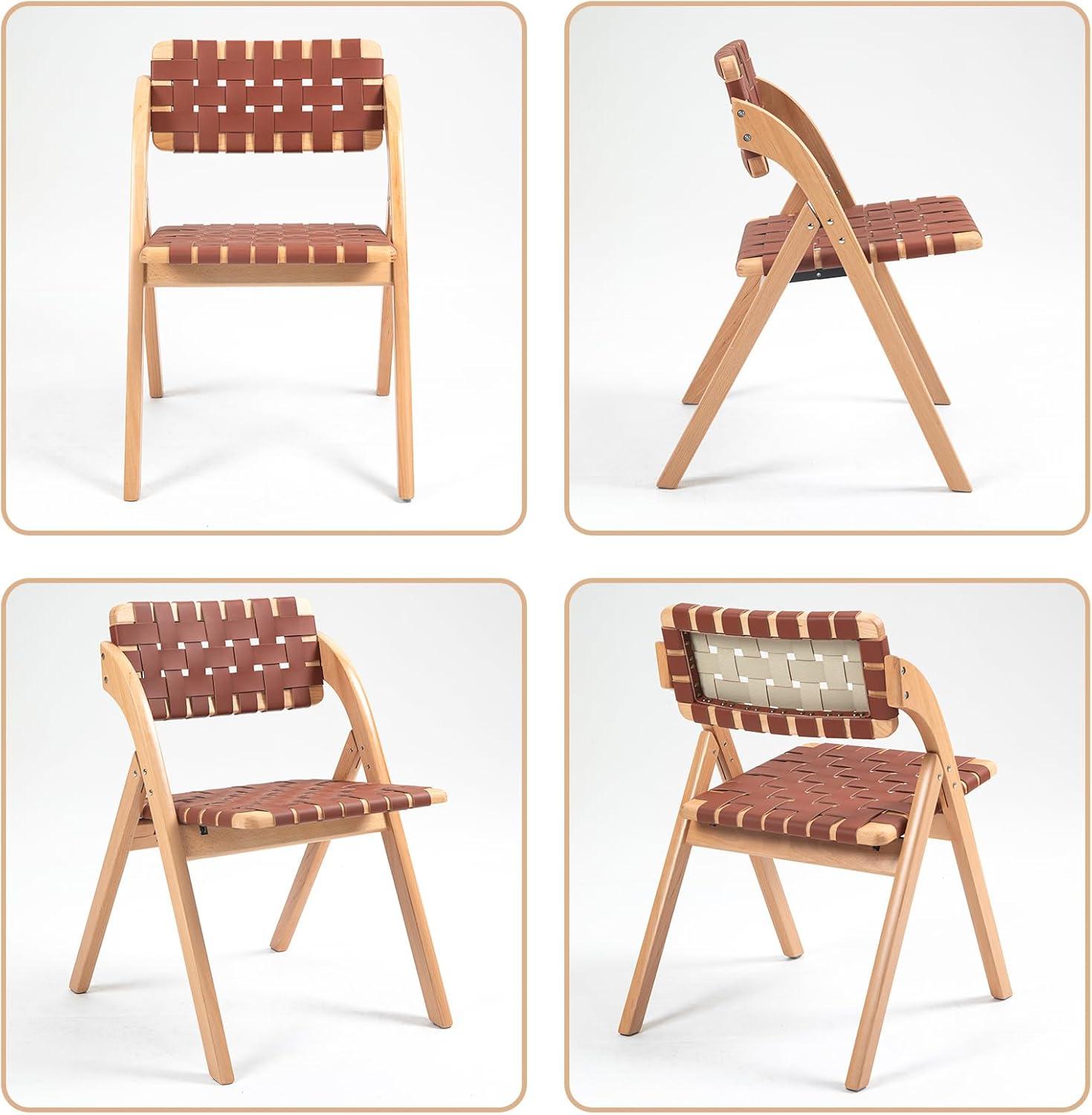 Folding Chairs Set of 2, Wooden Foldable Dining Chairs, Stackable Folding Extra Chair with Breathable Leather-Woven Design for Indoor & Outdoor, Brown