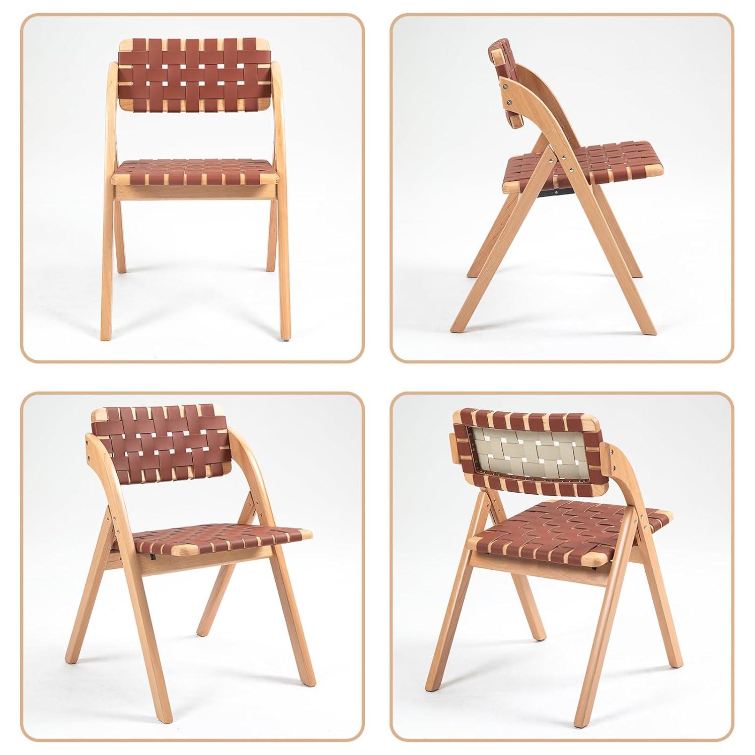 Folding Chairs Set of 2, Wooden Foldable Dining Chairs, Stackable Folding Extra Chair with Breathable Leather-Woven Design for Indoor & Outdoor, Brown
