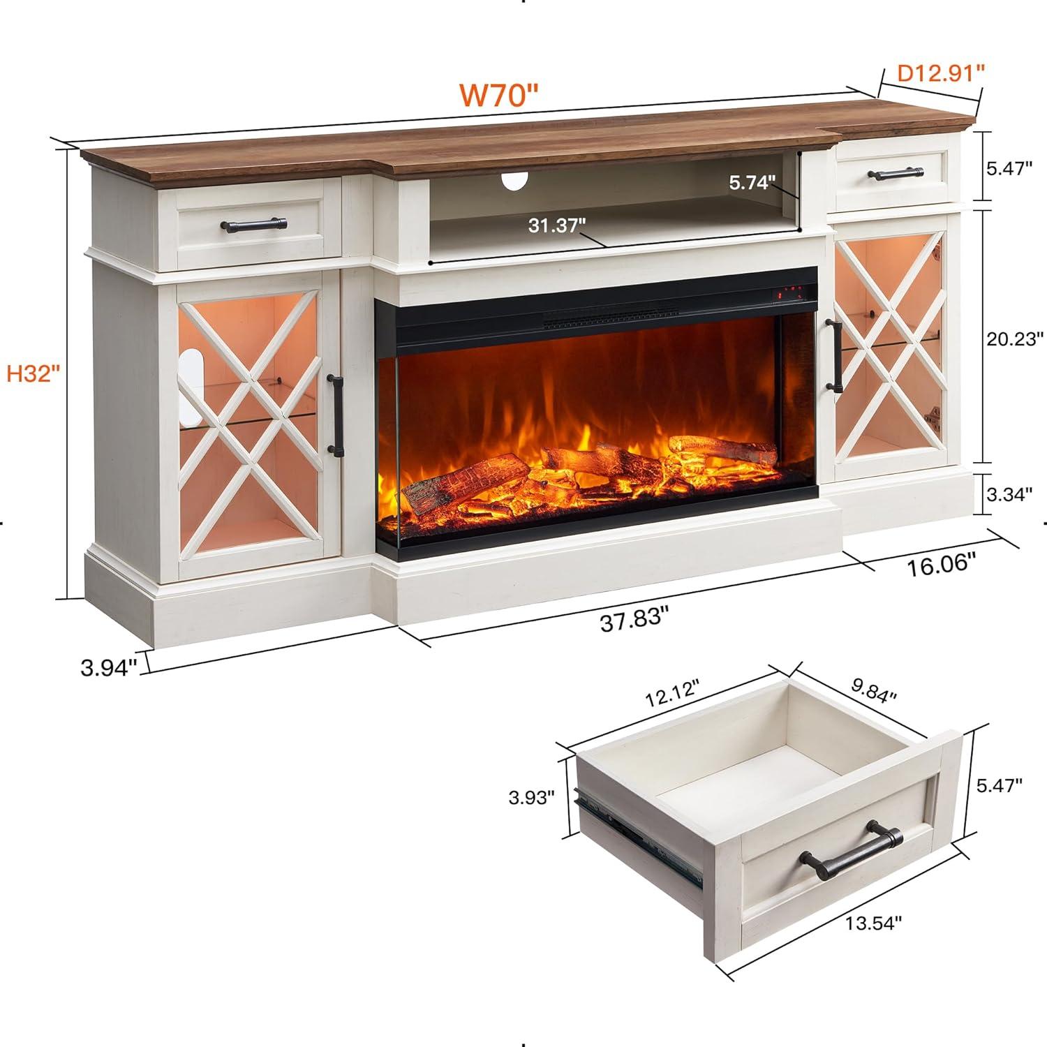 OKD 70" Farmhouse TV Stand w/Electric Fireplace & Glass Door Storage Cabinet, Antique White