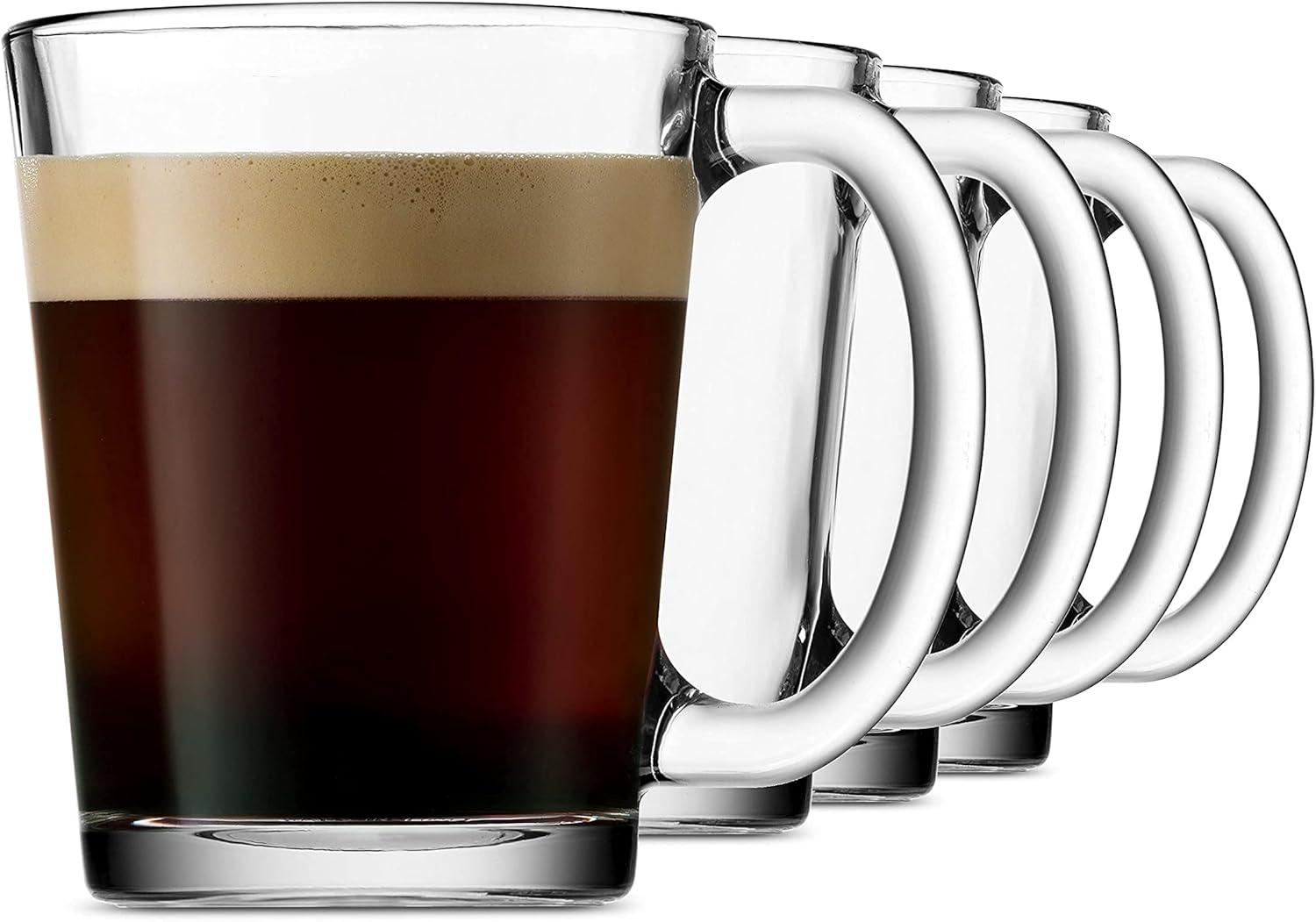 Italian Made Clear Glass Coffee Mugs with Handles, Set of 4