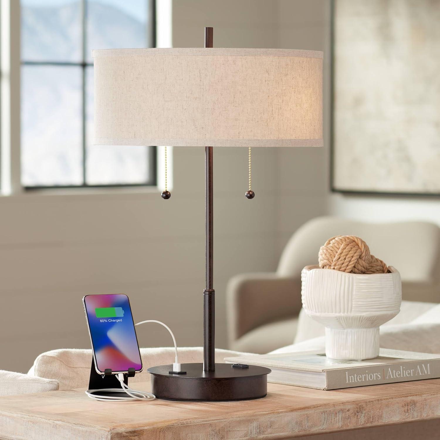 360 Lighting Modern Accent Table Lamp with USB and AC Power Outlet 23 1/2" High Bronze Fabric Drum Shade for Bedroom Living Room House Desk Bedside