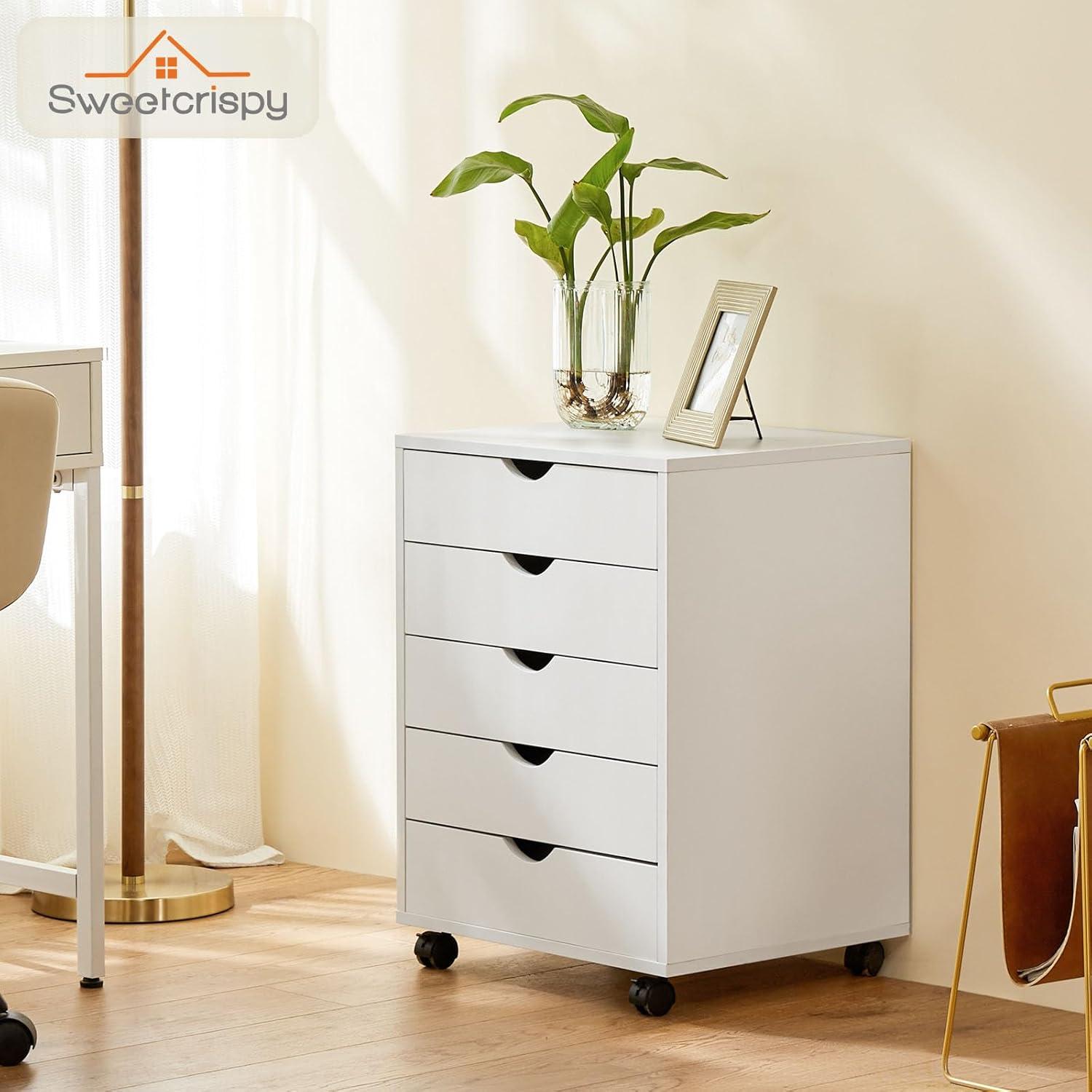 White 5-Drawer Mobile Wooden Dresser with Casters