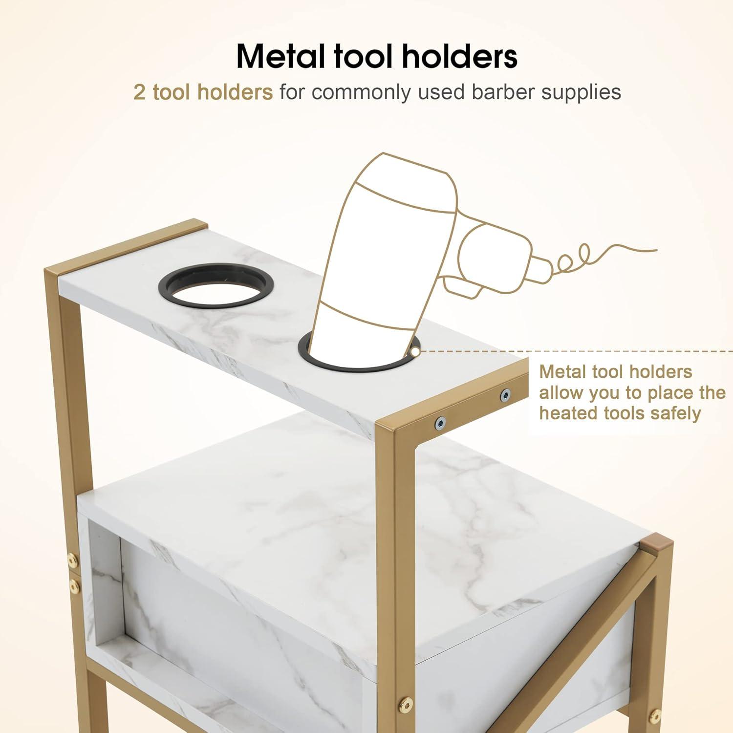 BarberPub Utility Cart with Drawers,  Tool Holders and Shelves, Salon Trolley with Locking Wheels