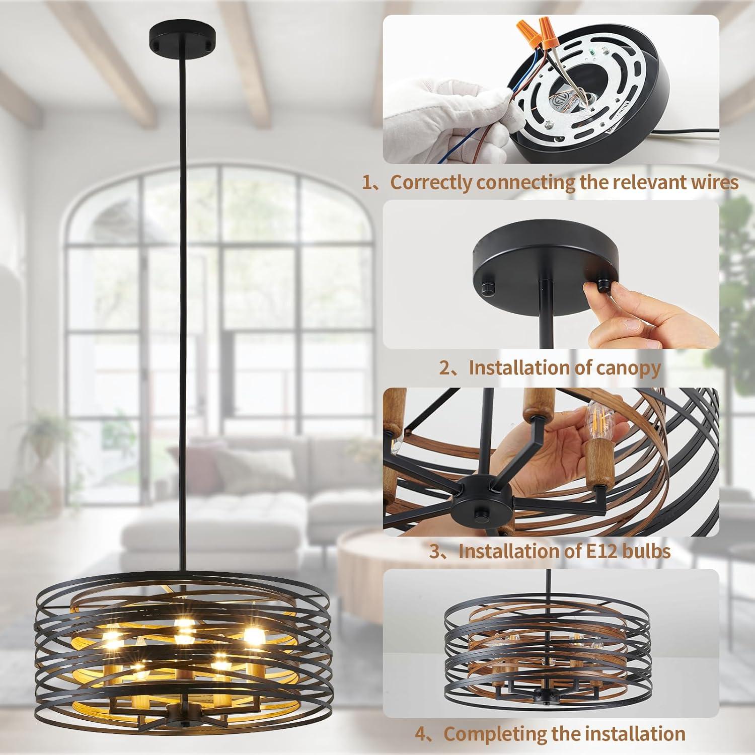 Dining Room Lighting Fixture, 5-Light Farmhouse Black Chandelier Drum Light, Round Metal with Retro Wood Texture Interior, E12 Bulbs Not Included