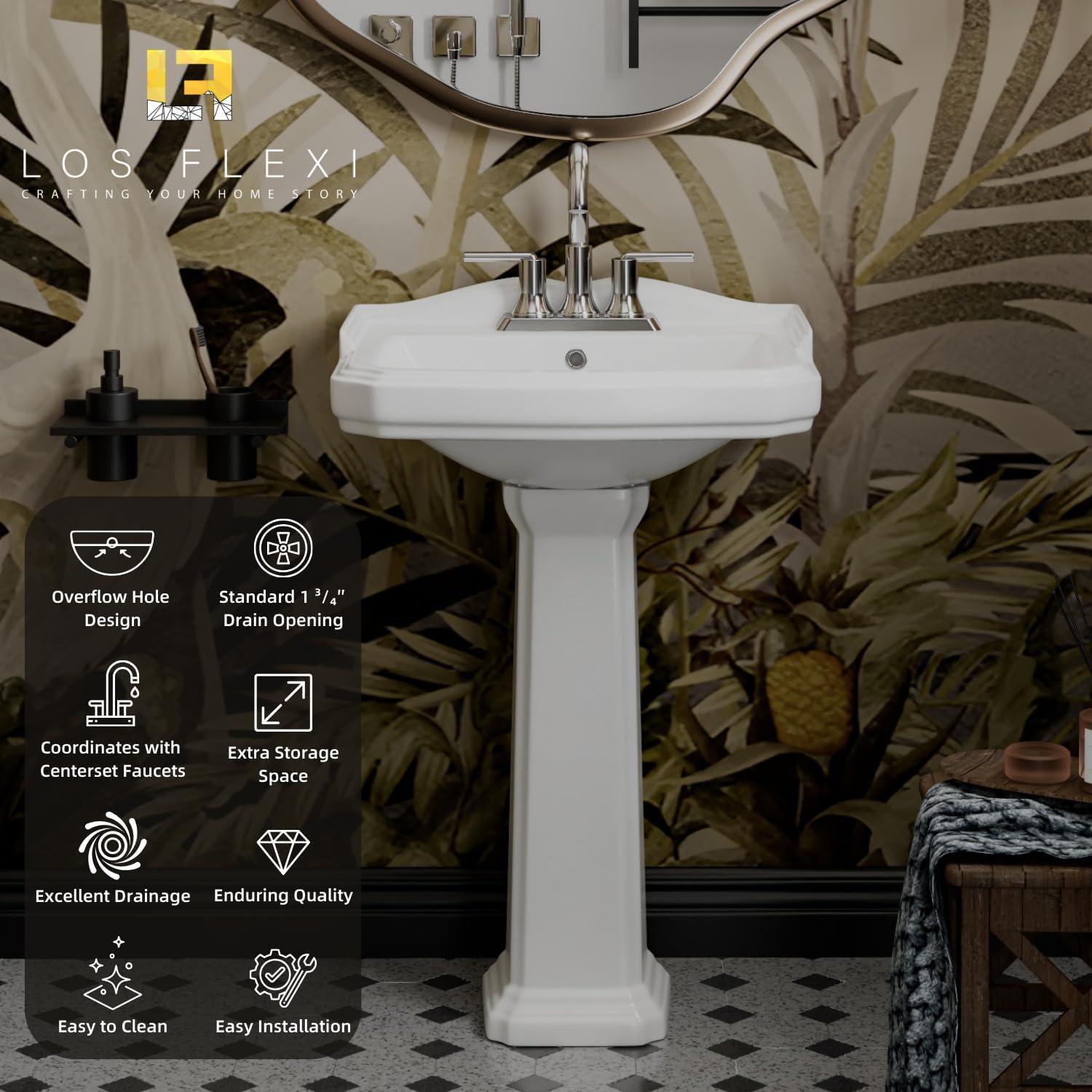 Classic Vintage Bathroom Pedestal Sink, Los Flexi 23"W x 19"D White Ceramic Freestanding Sinks for bathrooms, Overflow, 3 Pre-Drilled Holes for 4-Inch Faucets, Easy Install