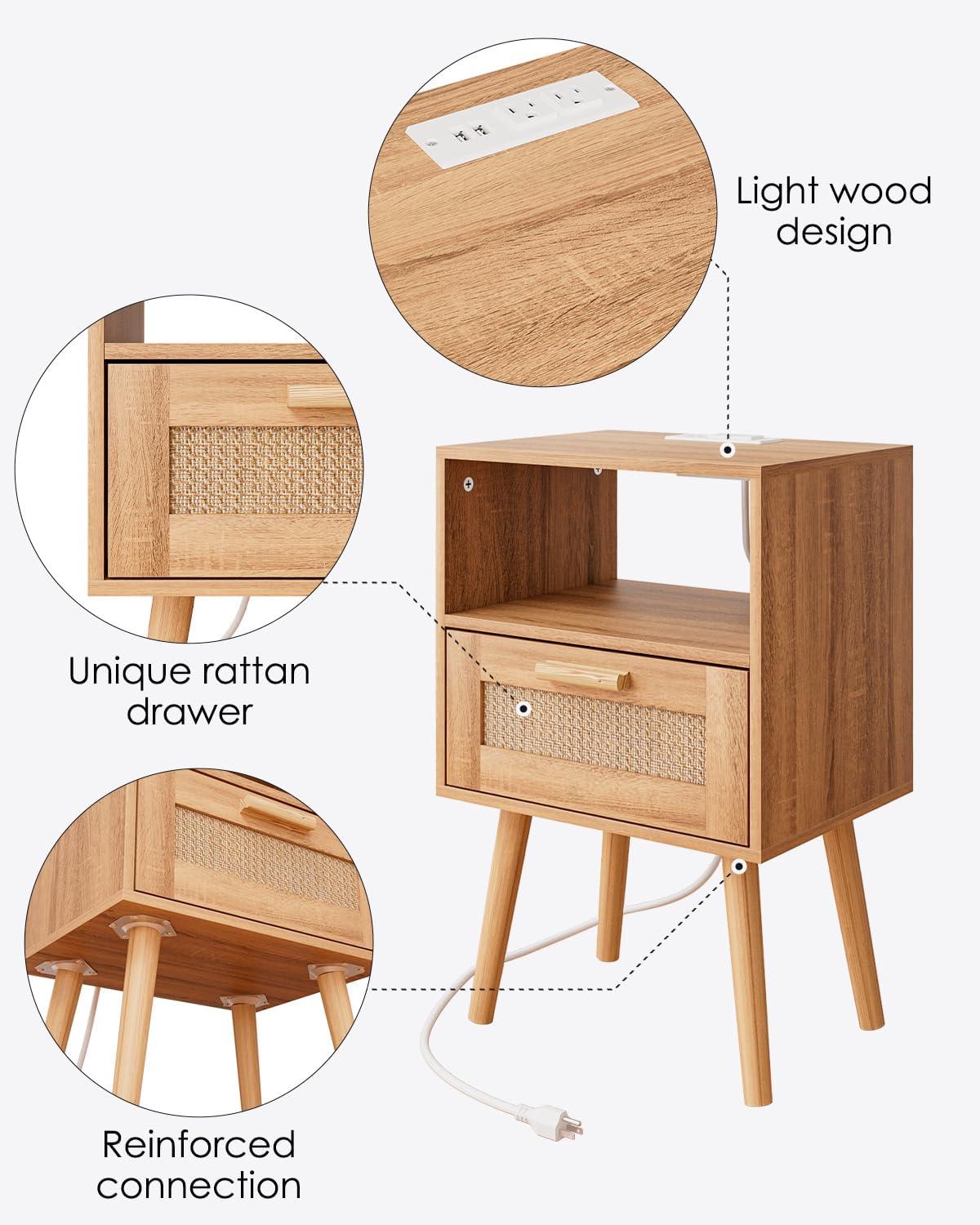 Rattan Nightstand with Charging Station, Small Night Stand, Side Table with Drawer Open Shelf, Cane Accent Bedside End Table with Wood Legs, Modern Nightstand for Bedroom, Oak (Modern)