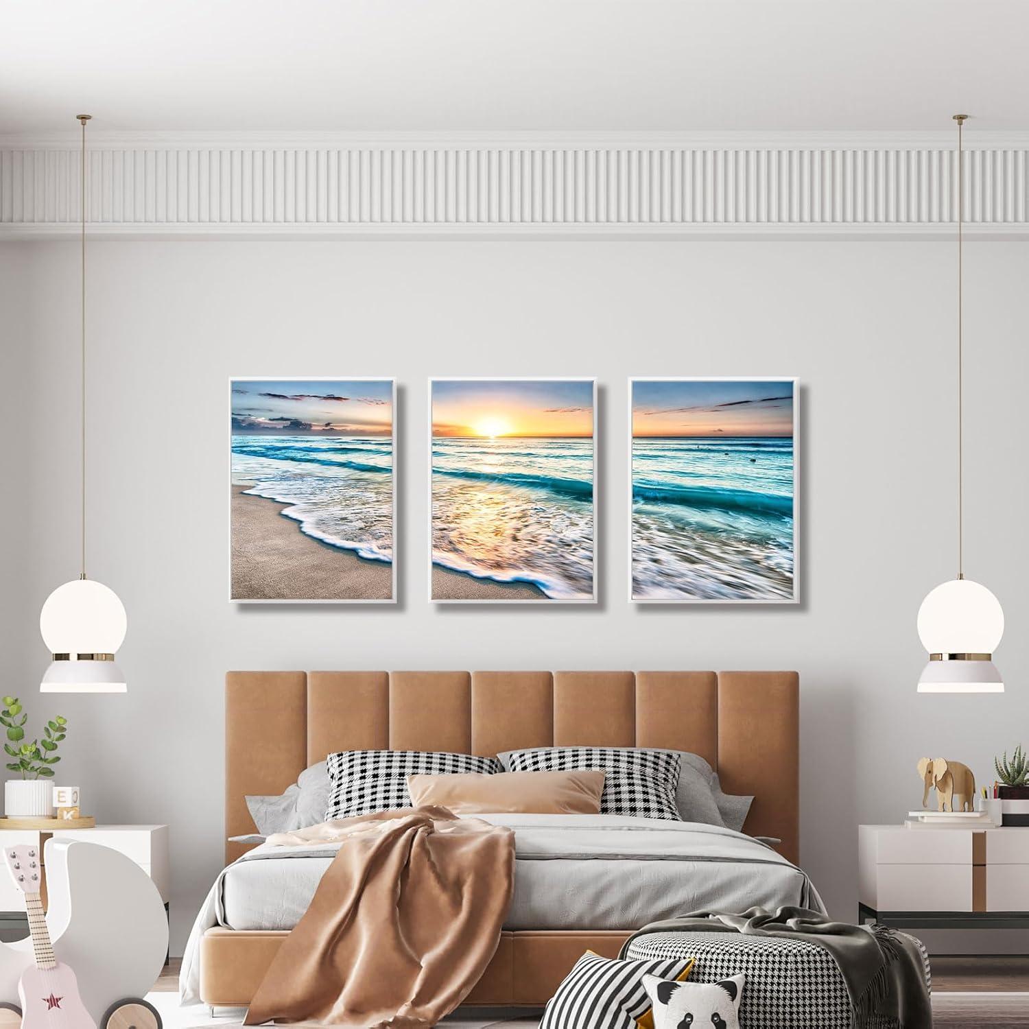 Asdg12s-3 Panel Wall Art Blue Sea Sunset White Beach Painting The Picture Print On Canvas Seascape The Pictures for Home Decor Decoration,Ready to Hang