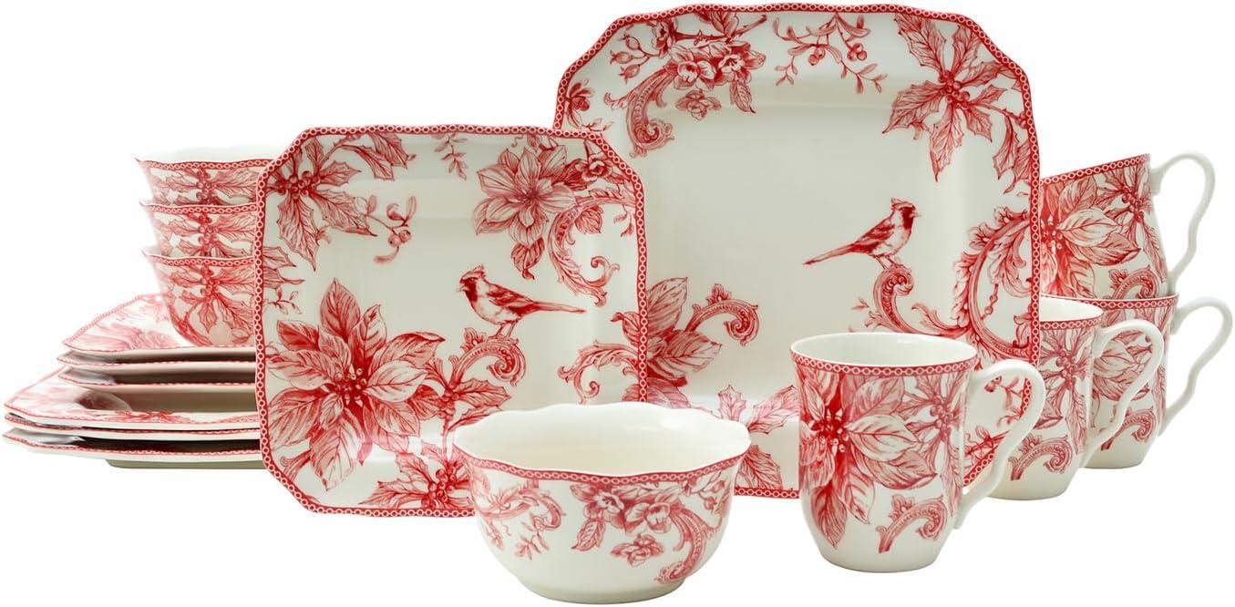222 Fifth 222 Fifth Christmas Lane Red 16-Piece Porcelain Dinnerware Set - Service For 4, Plates, Bowls & Mugs