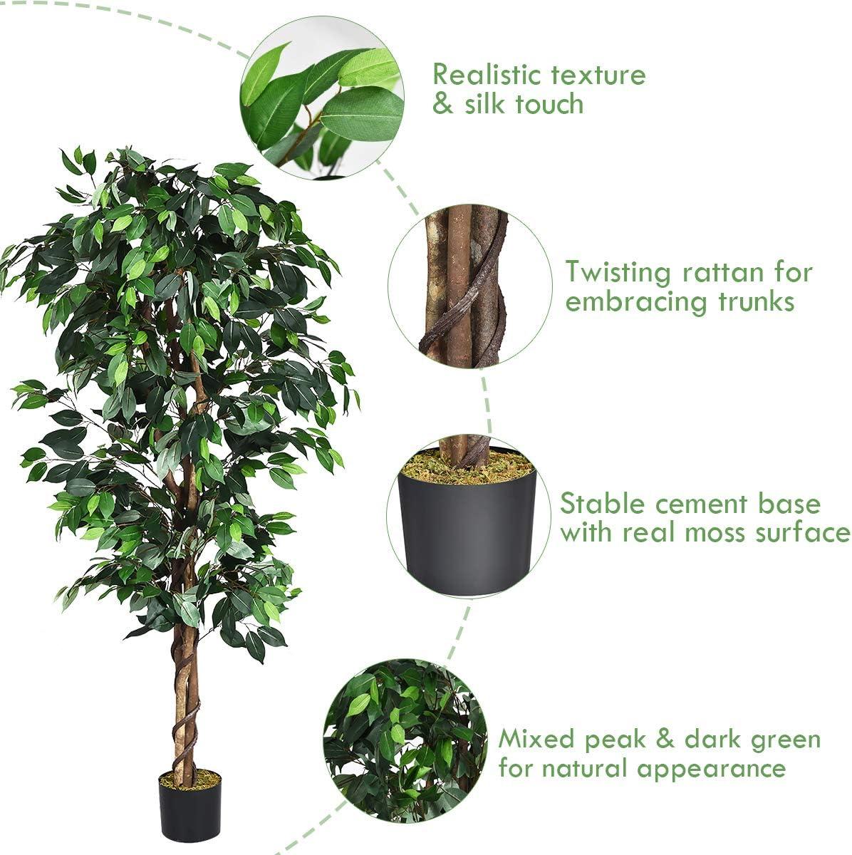 Costway 4 Feet/6 Feet Artificial Ficus Silk Tree Wood Trunks Green In/Outdoor Home Decor