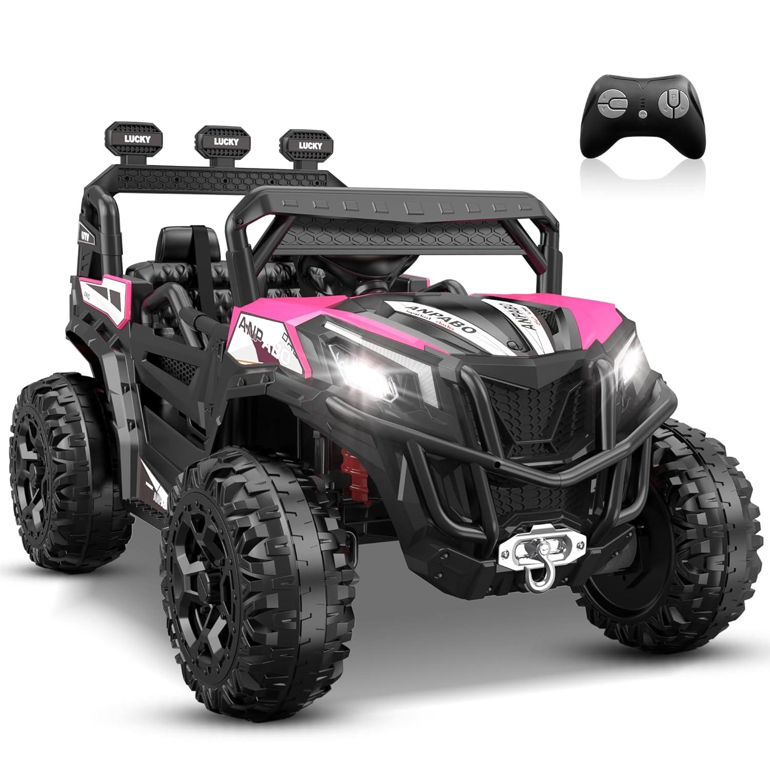 FINITO 24V Kids Ride on UTV, Electric Off-Road Vehicle 4 Wheeler Battery Powered Truck w/ Storage Trunk Parent Remote Control Gift for Boy Girl, Pink
