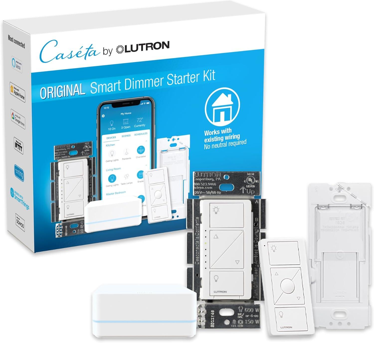 Lutron Caséta Wireless Smart Lighting Dimmer Switch Starter Kit with Caséta Smart Hub and Pico Bracket P-BDG-PKG1W-A