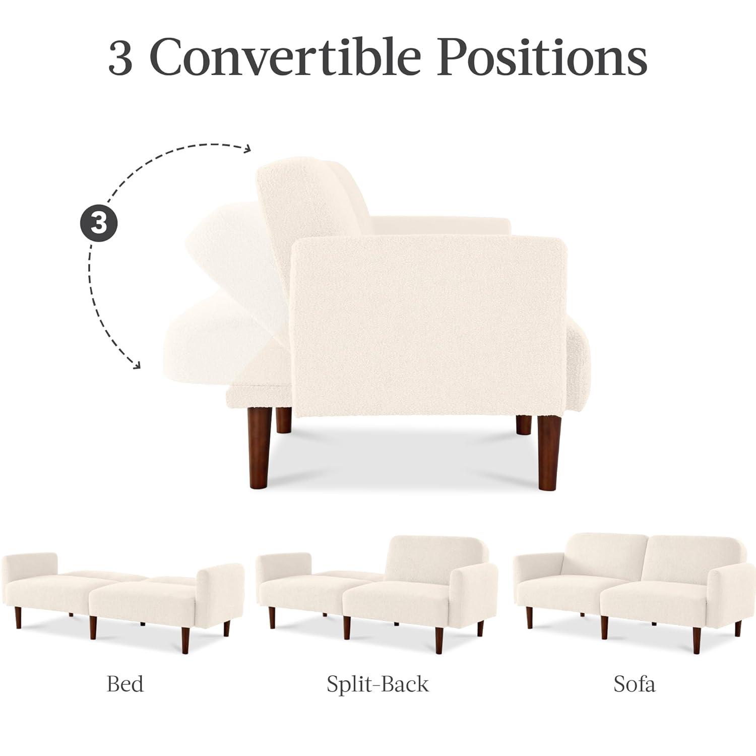 Best Choice Products Curved Convertible Futon, Boucle Fabric Split-Back Sleeper Bed - Ivory