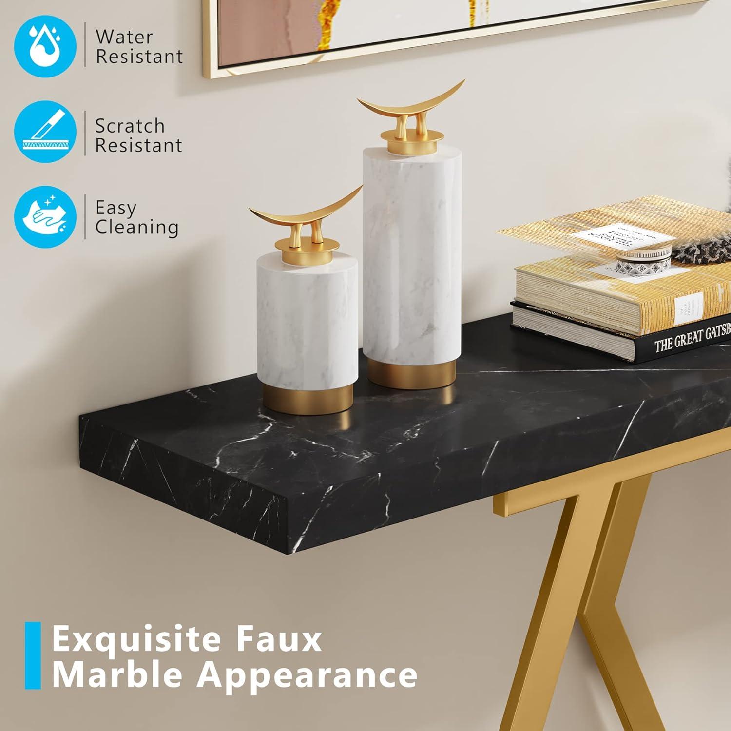 Yardi Yarda 70.9" Console Table, Modern Sofa Table with Faux Marble Tabletop, Faux Marble Black & Gold