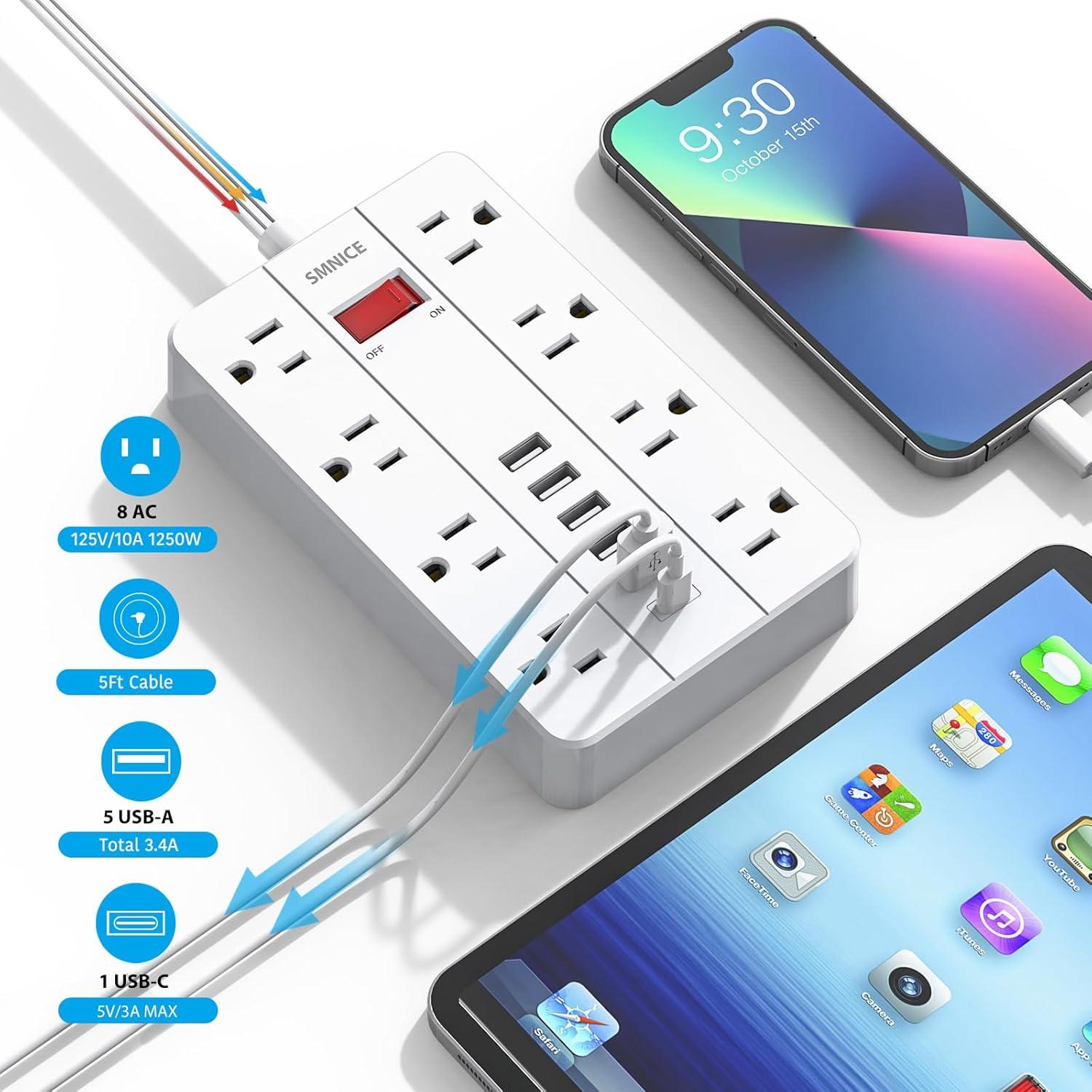 White 5 ft Power Strip with 8 Outlets and 6 USB Ports