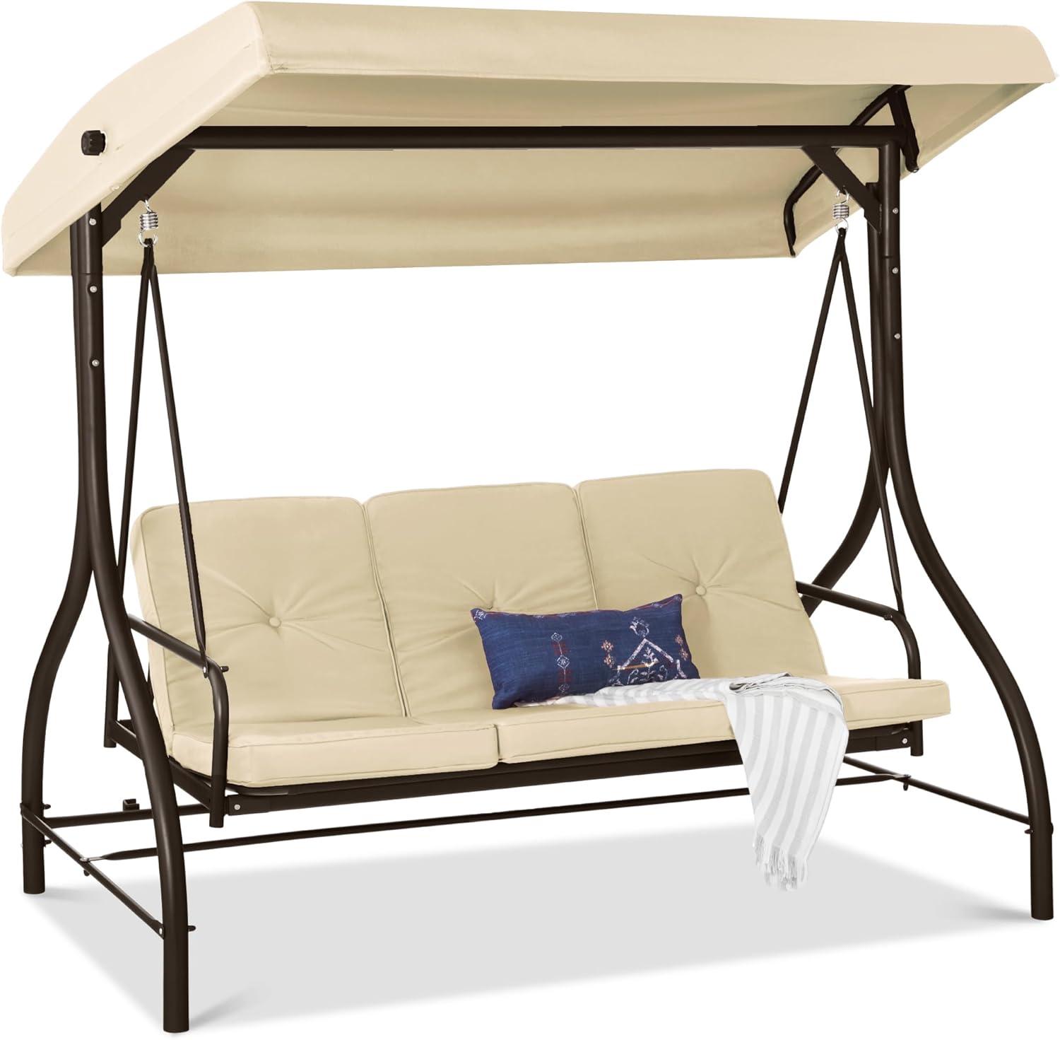 Best Choice Products 3-Seat Outdoor Converting Canopy Swing Glider Patio Hammock w/ Removable Cushions - Ivory