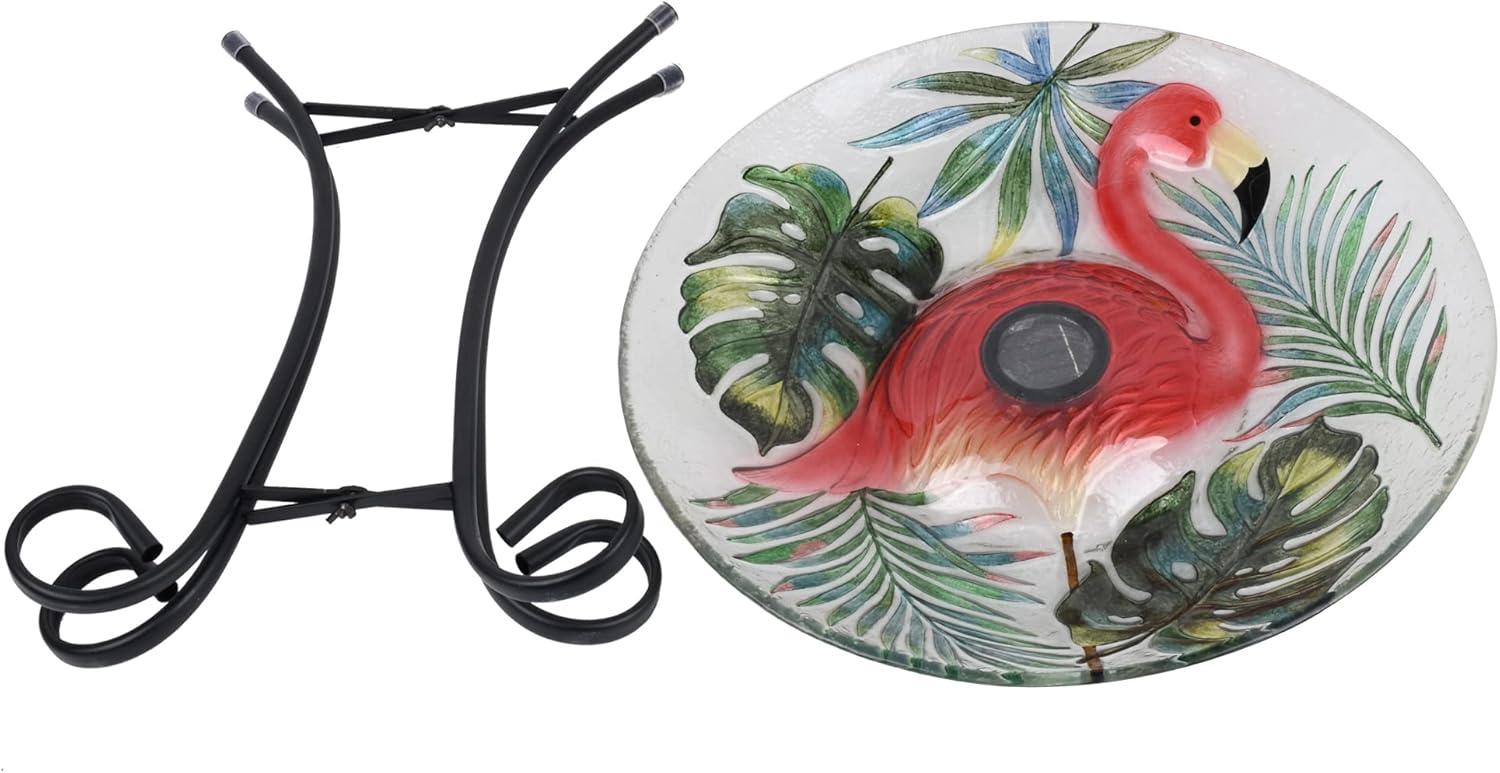 Hi-Line Gift Ltd. Solar LED Verdant Glass Bird Bath with Stand - Flamingo