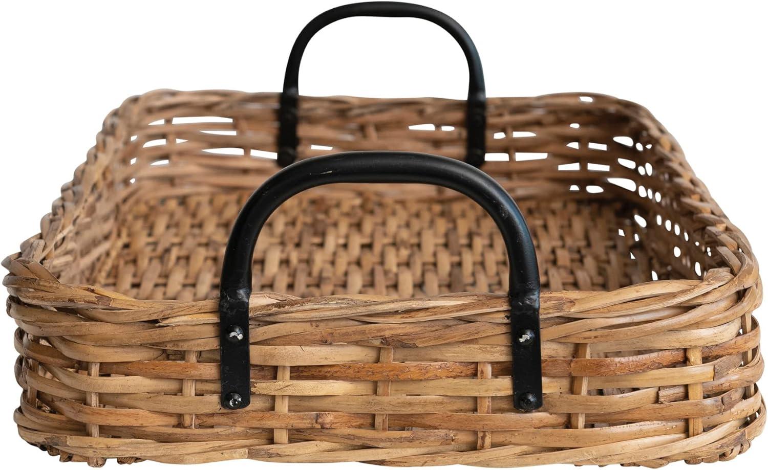 Creative Co-Op Decorative Woven Rattan Tray with Metal Handles, Natural and Black