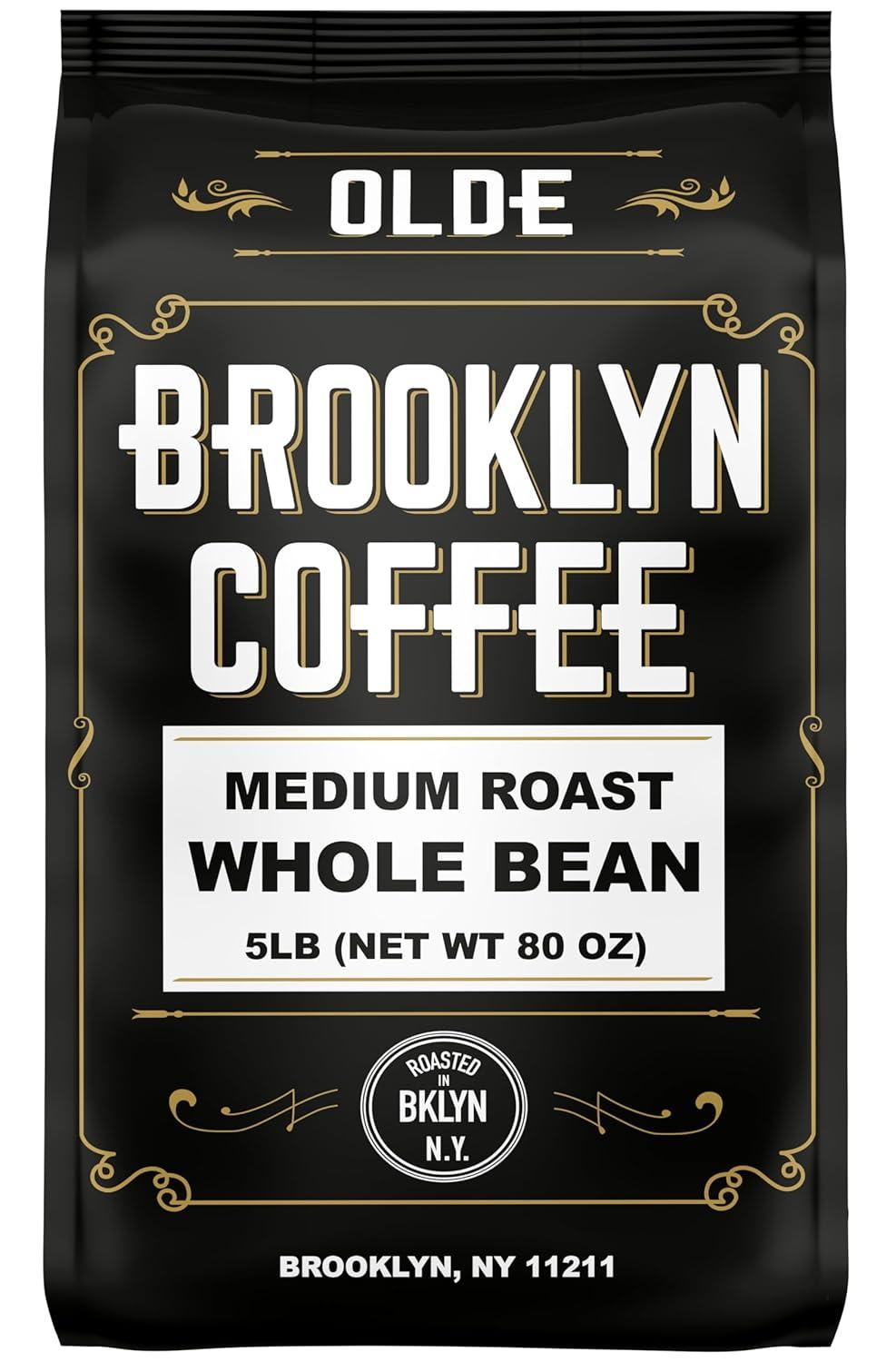 BROOKLYN COFFEE Whole Bean, Classic Medium Roast (5lb) Balanced, Smooth, Mellow - Fresh Bulk Coffee Beans Roasted Weekly in NYC