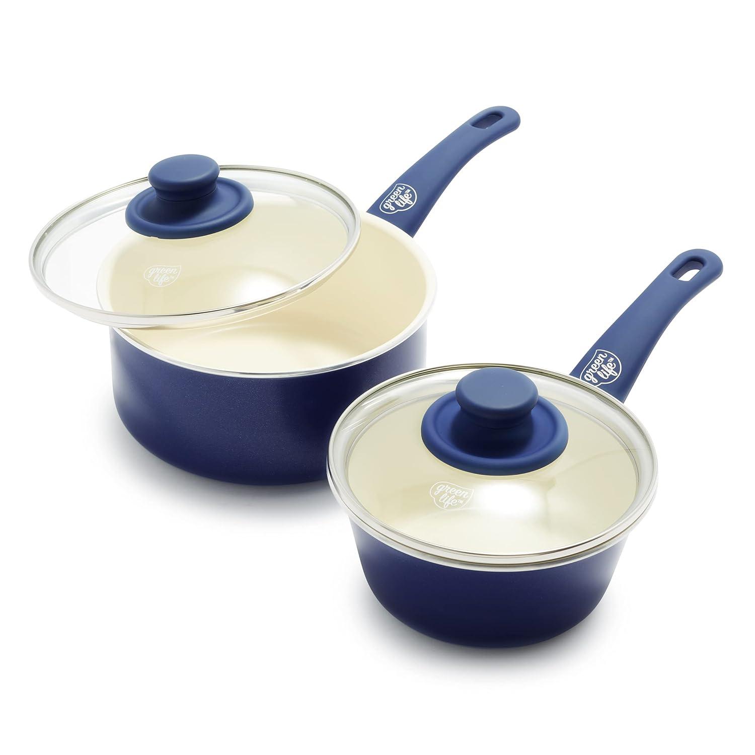 GreenLife GreenLife Soft Grip Healthy Ceramic Nonstick, 1QT And 2QT Saucepan Pot Set With Lids, Dishwasher Safe